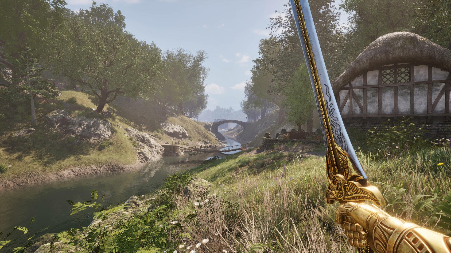 A stunning 4K Ultra HD wallpaper from The Elder Scrolls IV: Oblivion, featuring a lush landscape with a golden sword, a serene river, and a bridge in the background.
