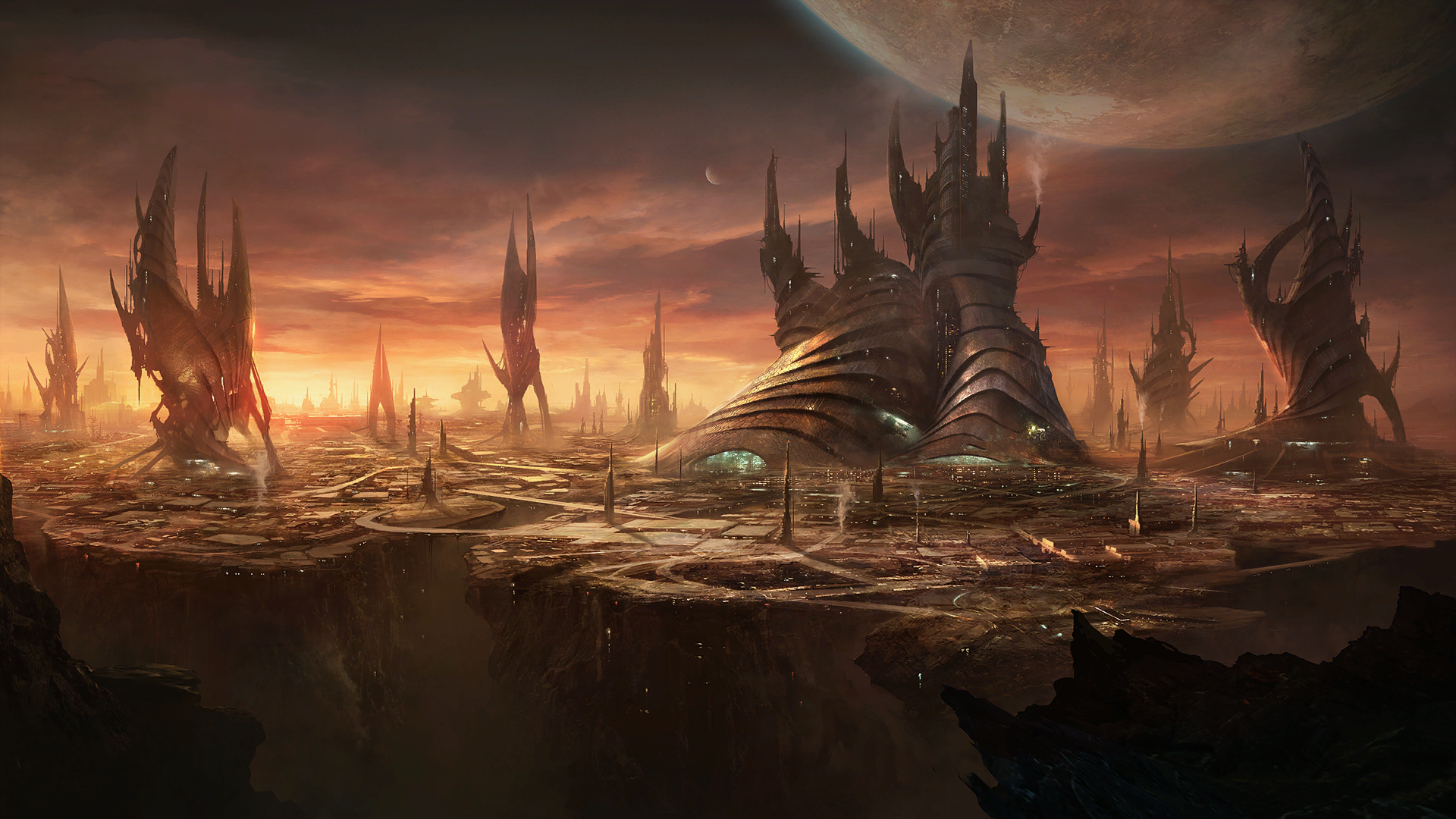 HD desktop wallpaper of a dark, alien world from the sci-fi video game Stellaris, featuring towering spires and a mysterious planetary backdrop.
