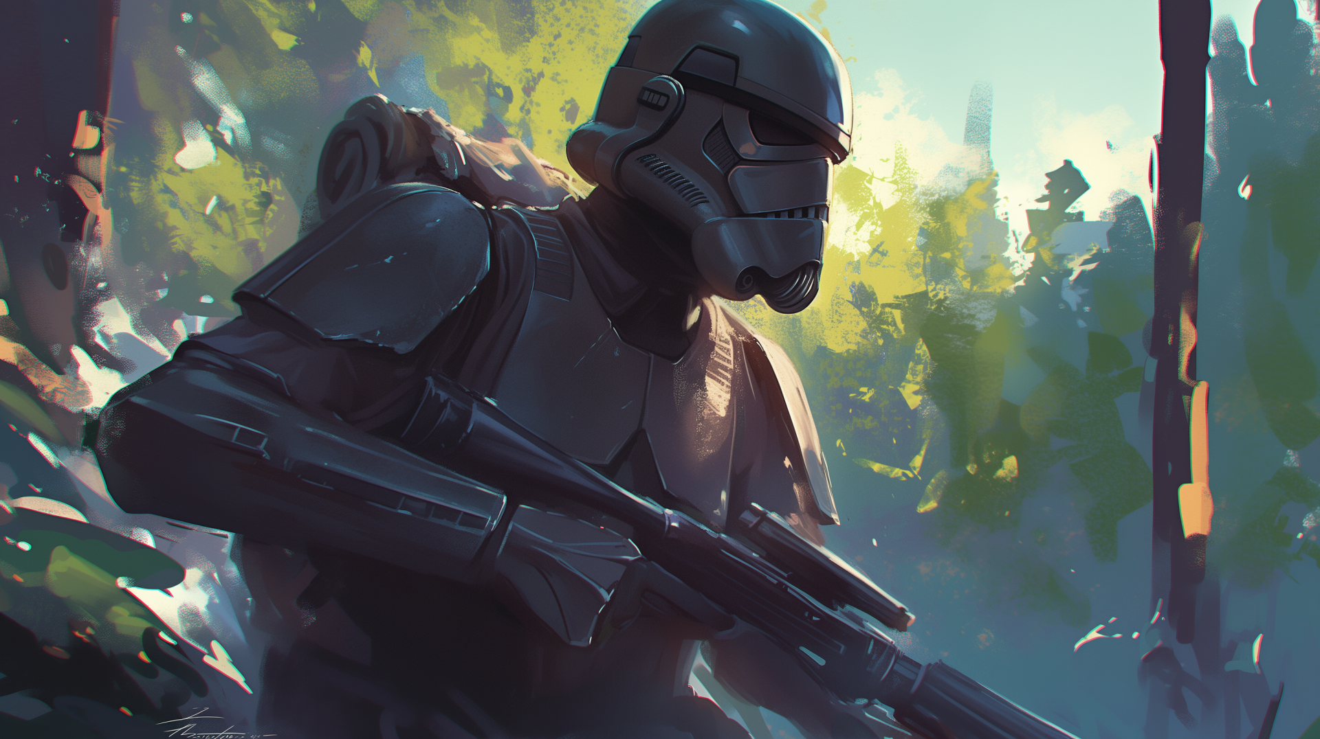 HD PC desktop wallpaper featuring a Star Wars scout trooper in detailed armor, set against a forested background with soft sunlight filtering through the trees.