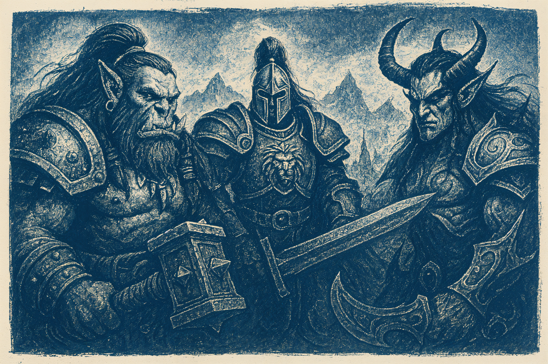 4K Ultra HD Warcraft desktop wallpaper featuring three armored warriors—a fierce orc, a knight with a glowing sword, and a horned demon—in a rugged, mountainous landscape.