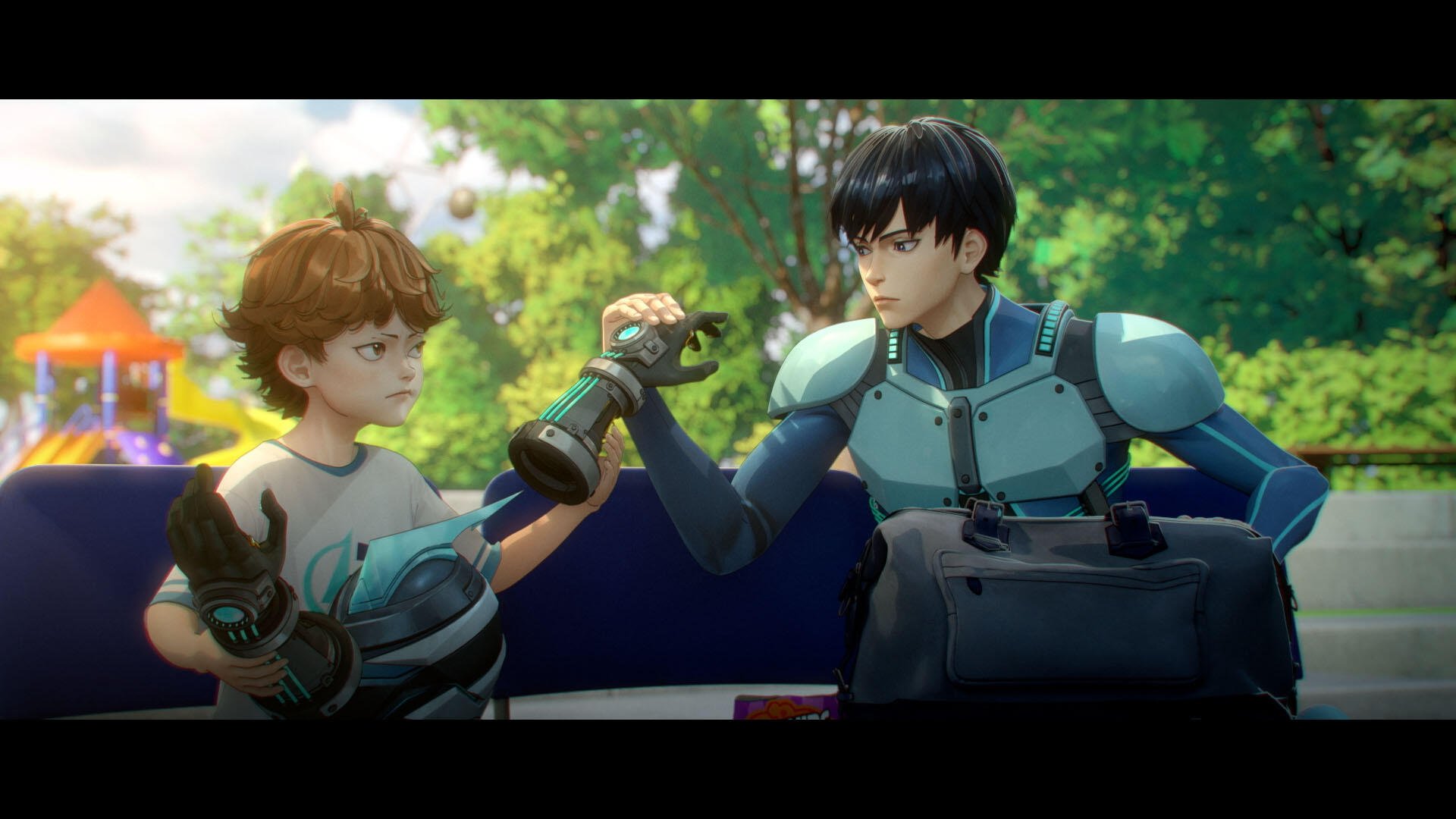 HD PC desktop wallpaper from the anime To Be Hero X, featuring two characters in a dynamic arm-wrestling pose outdoors with vibrant, detailed backgrounds.