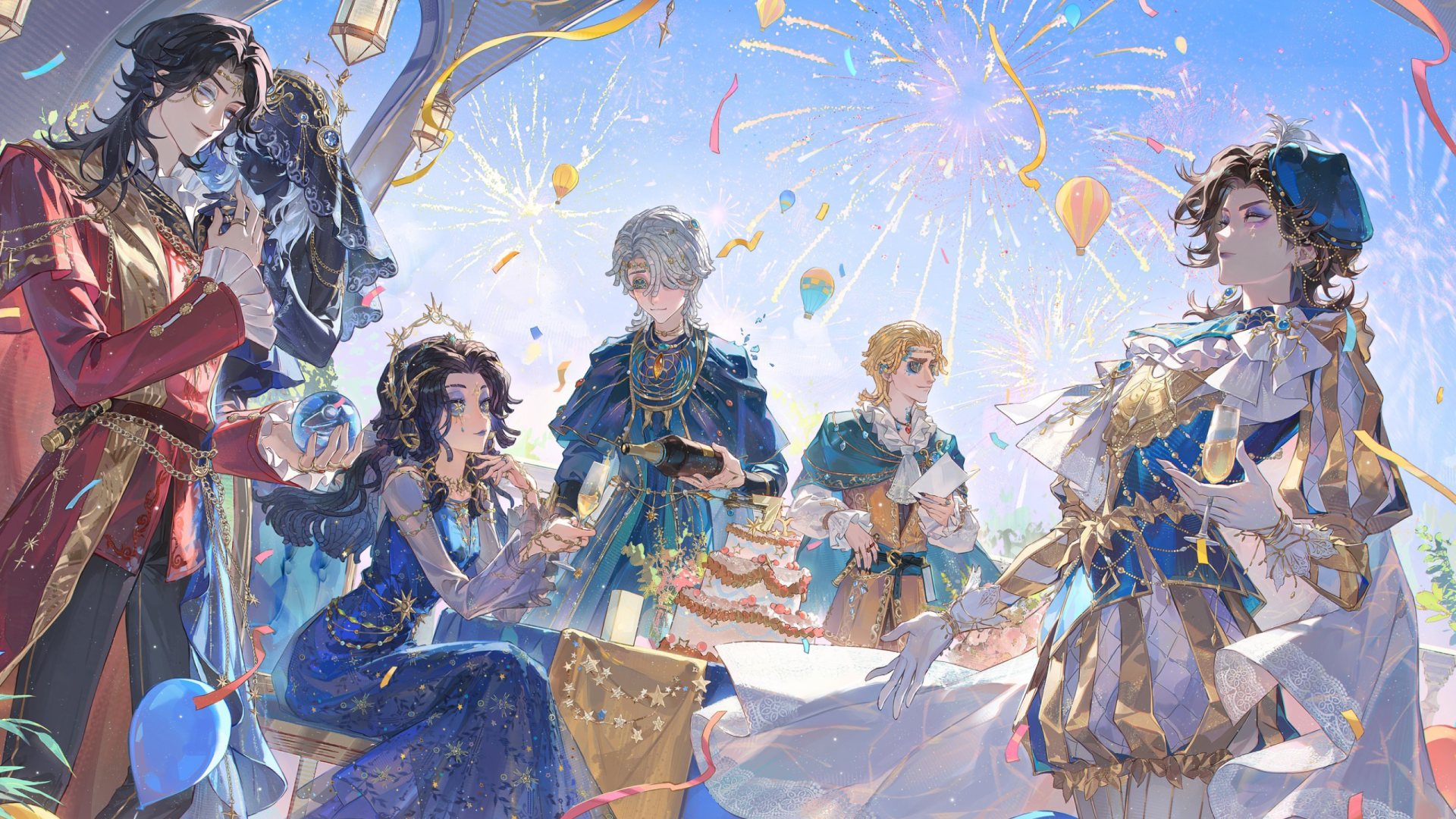 HD PC desktop wallpaper featuring vibrant characters from the video game Identity V celebrating with balloons and confetti under a bright sky.