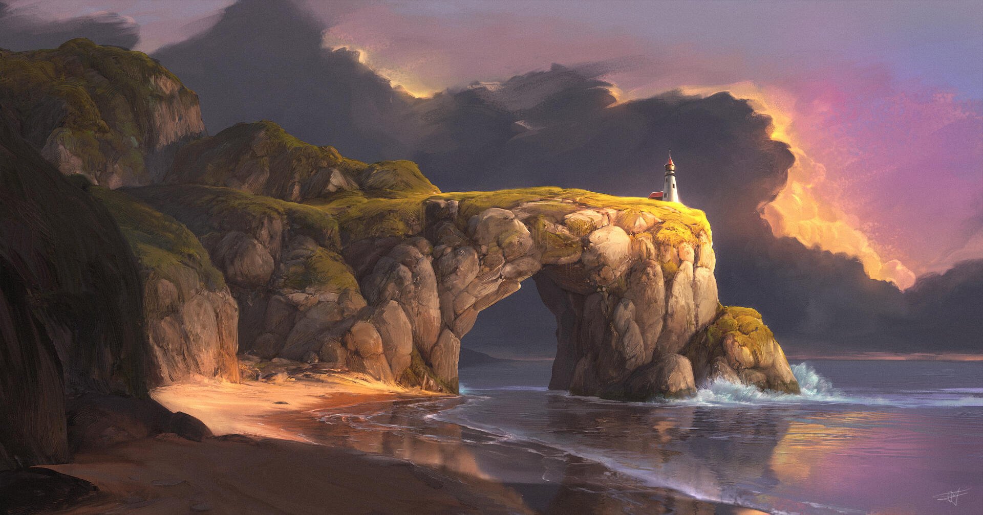 HD PC desktop wallpaper of a sunlit coastal landscape featuring a rocky arch, beach, and a lighthouse standing atop the cliff under a dramatic sky.