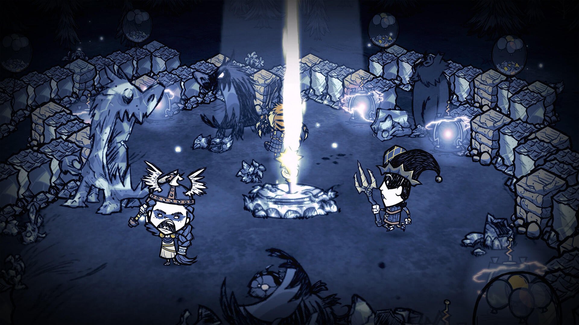 HD desktop wallpaper featuring characters and creatures from the video game Don't Starve Together gathered around a glowing campfire in a dark, stone-walled environment.