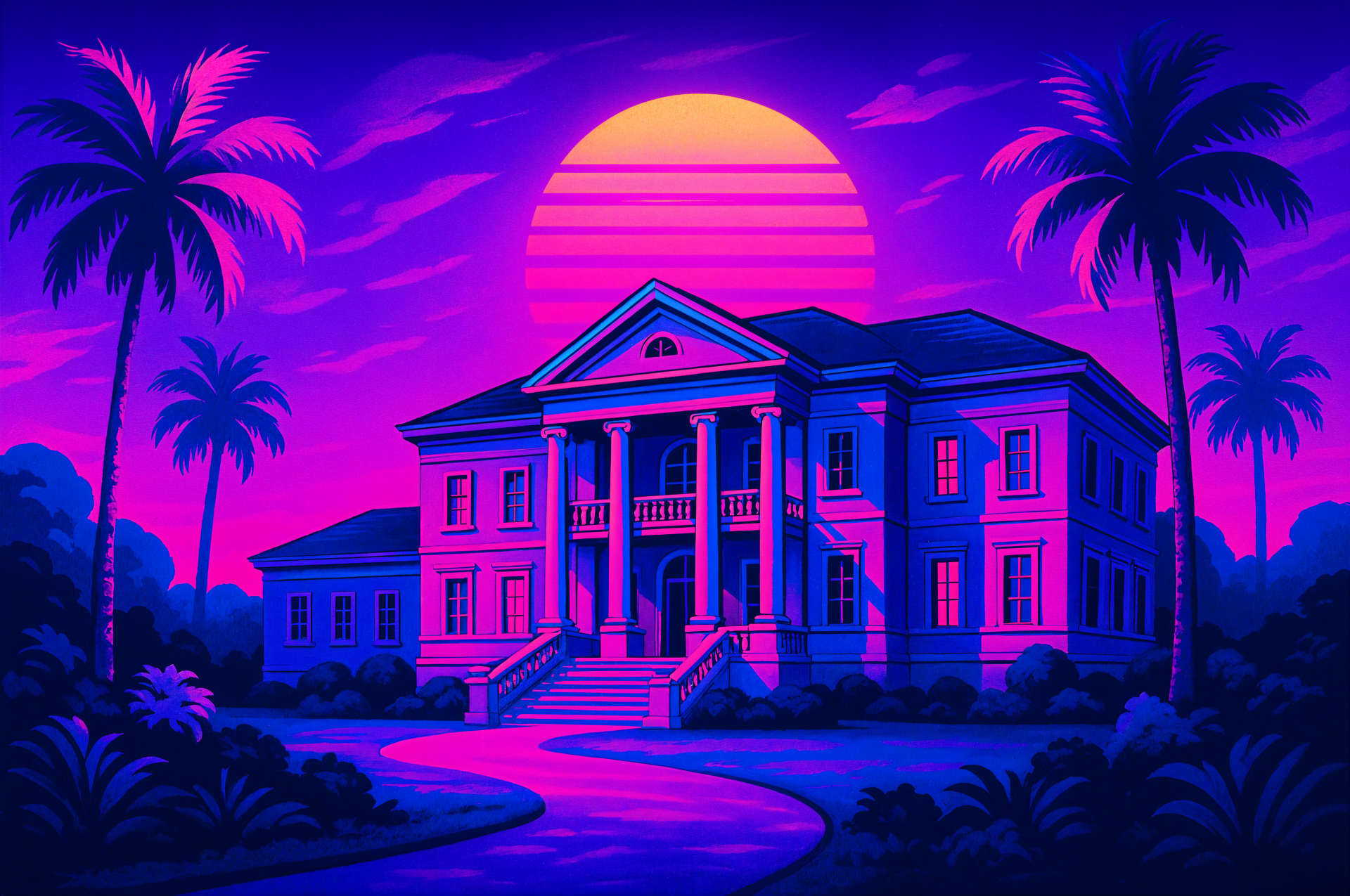 A vibrant 4K Ultra HD desktop wallpaper of a grand mansion framed by palm trees under a neon pink and purple sunset sky.