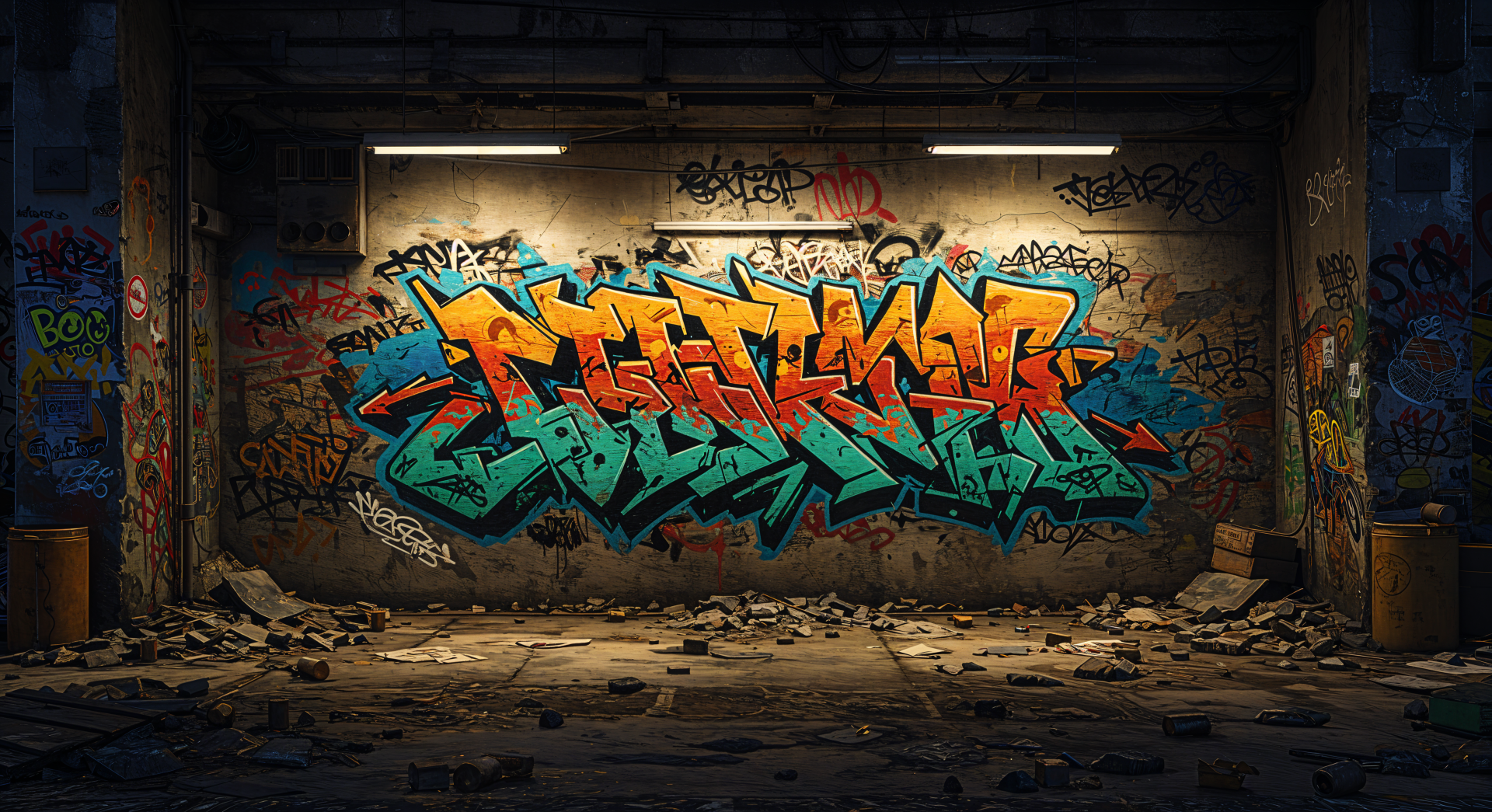 4K Ultra HD PC desktop wallpaper showcasing vibrant graffiti art on a gritty, dimly lit urban wall surrounded by scattered debris.