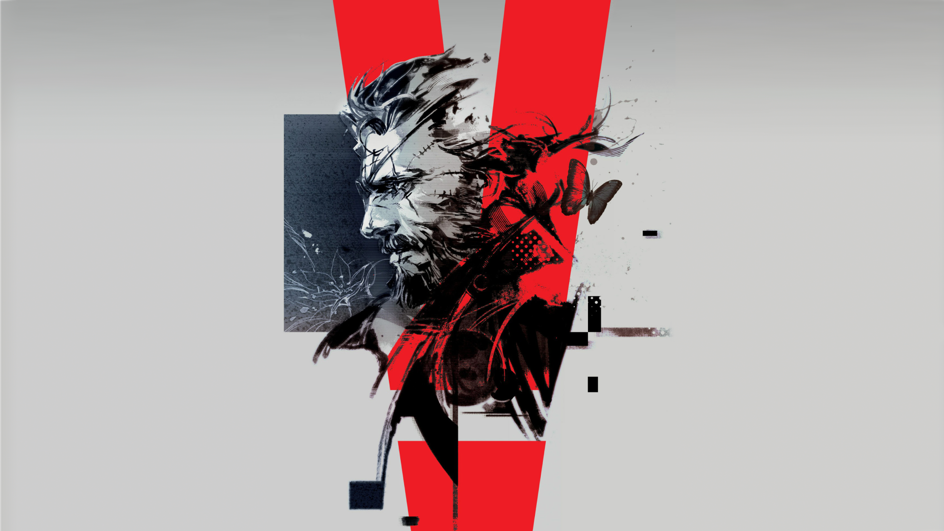 4K Ultra HD wallpaper featuring Big Boss from Metal Gear Solid V: The Phantom Pain with bold red elements and a fragmented artistic style.