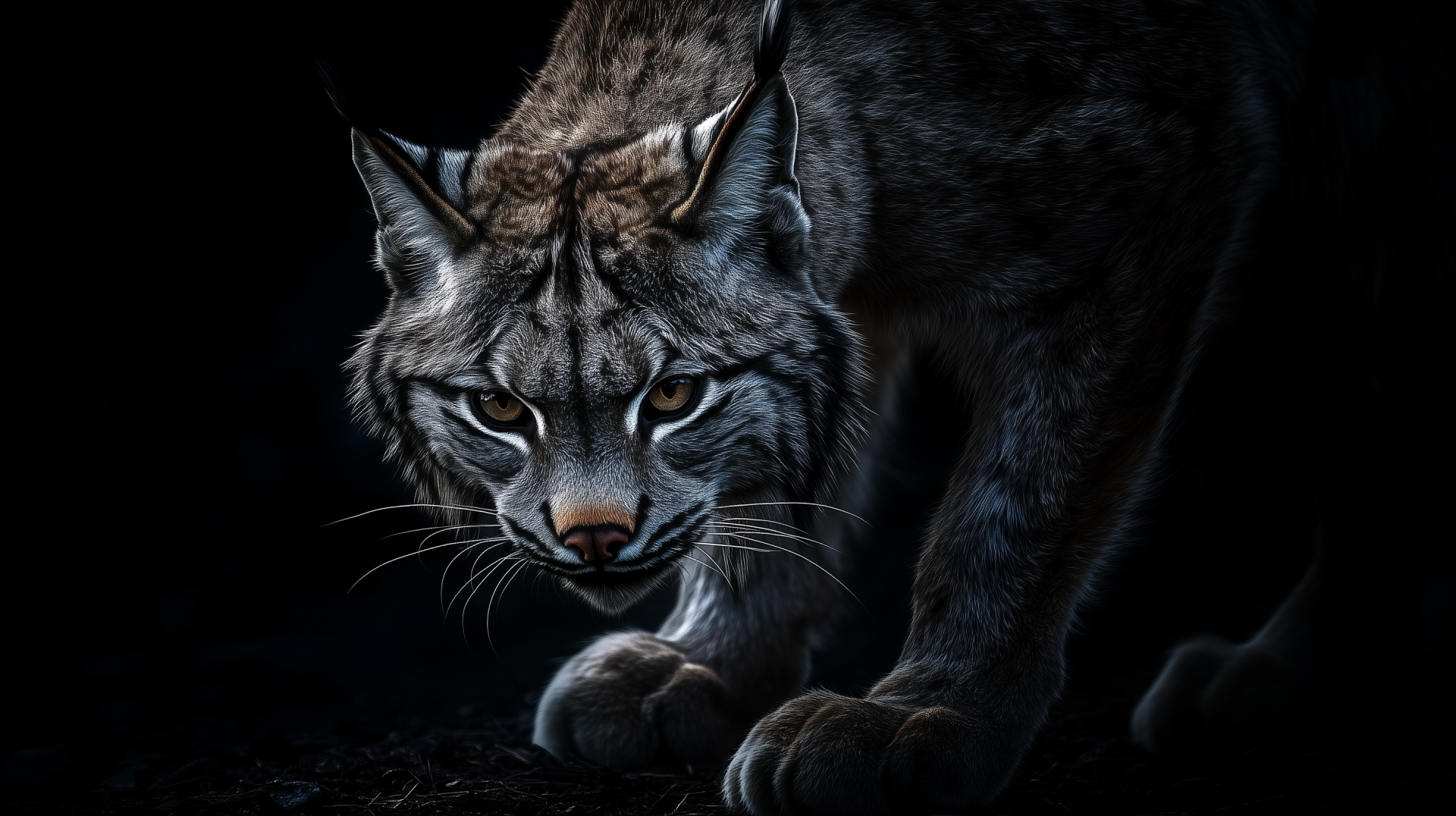 A dark, intense HD wildlife wallpaper featuring a lynx in hunting mode, captured in striking detail against a black background.
