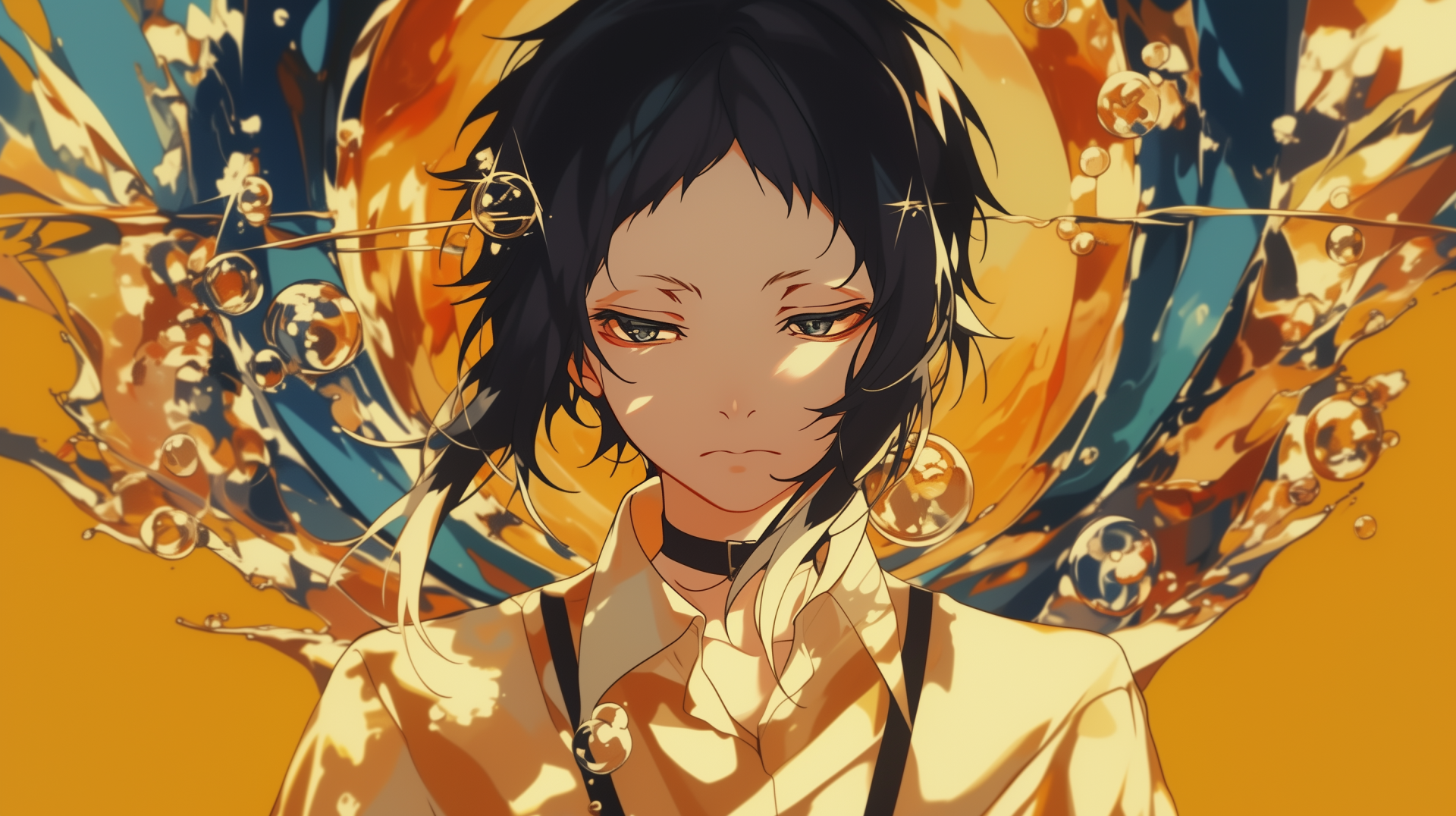 HD anime desktop wallpaper featuring Ryūnosuke Akutagawa from Bungou Stray Dogs with a striking yellow background and intricate artistic details.