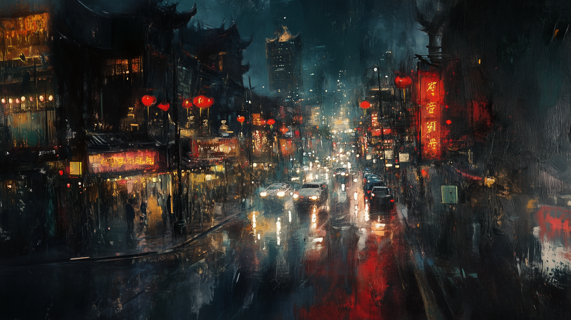 Artistic HD desktop wallpaper depicting a vibrant night street scene in China, illuminated by glowing lanterns and dynamic reflections on wet pavement.