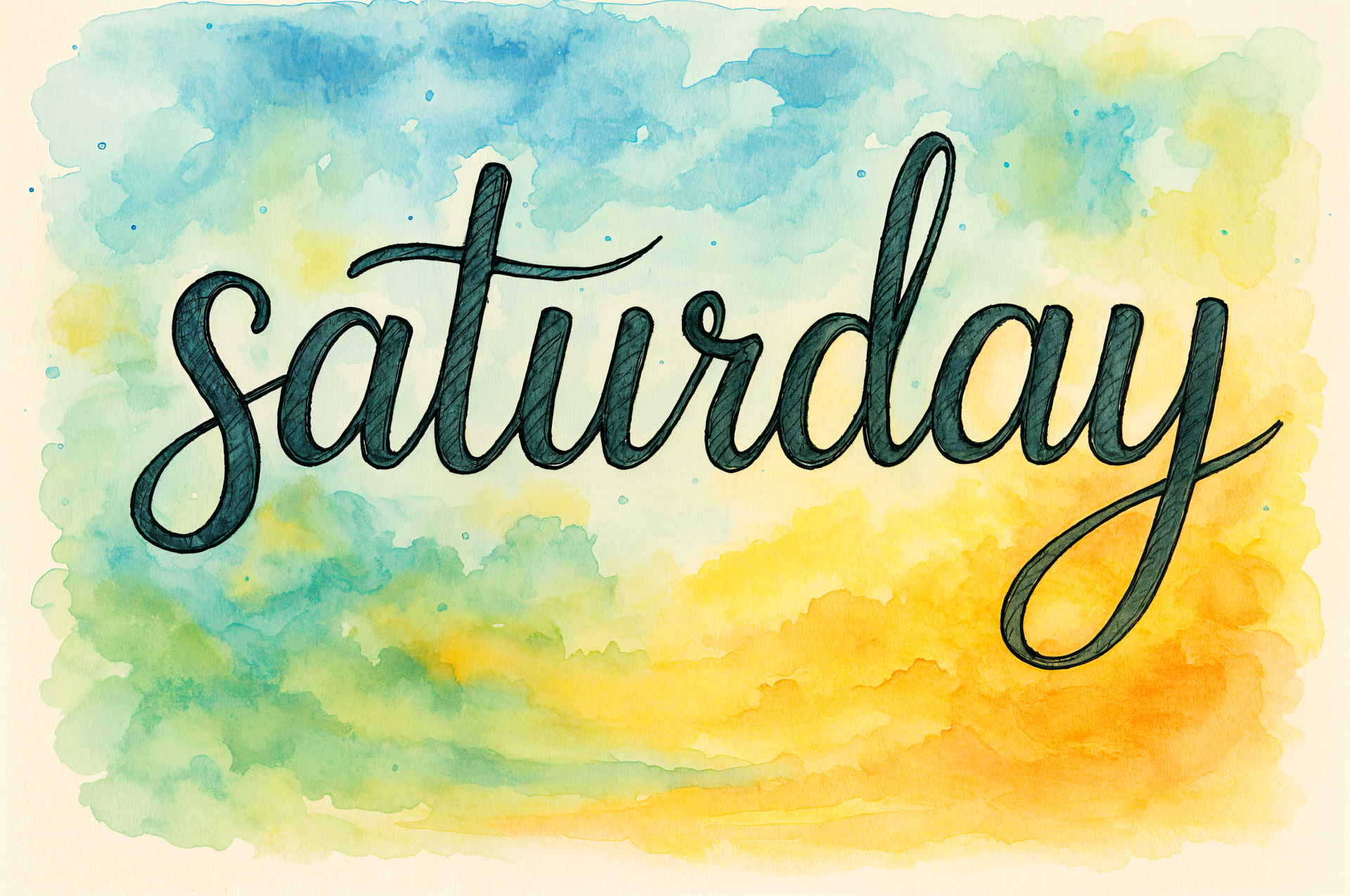 Watercolor background in blue, green, and yellow tones with the word saturday handwritten in black script, a 4K Ultra HD PC desktop wallpaper and background.