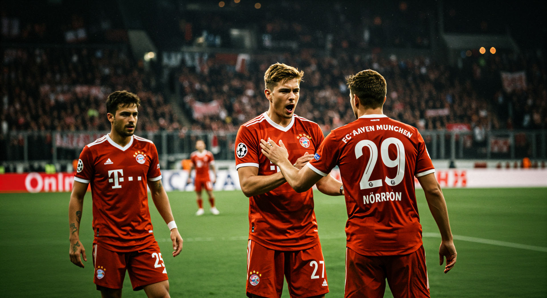 FC Bayern Munich players celebrate on the pitch during a match, captured in a vibrant 4K Ultra HD PC desktop wallpaper and background.