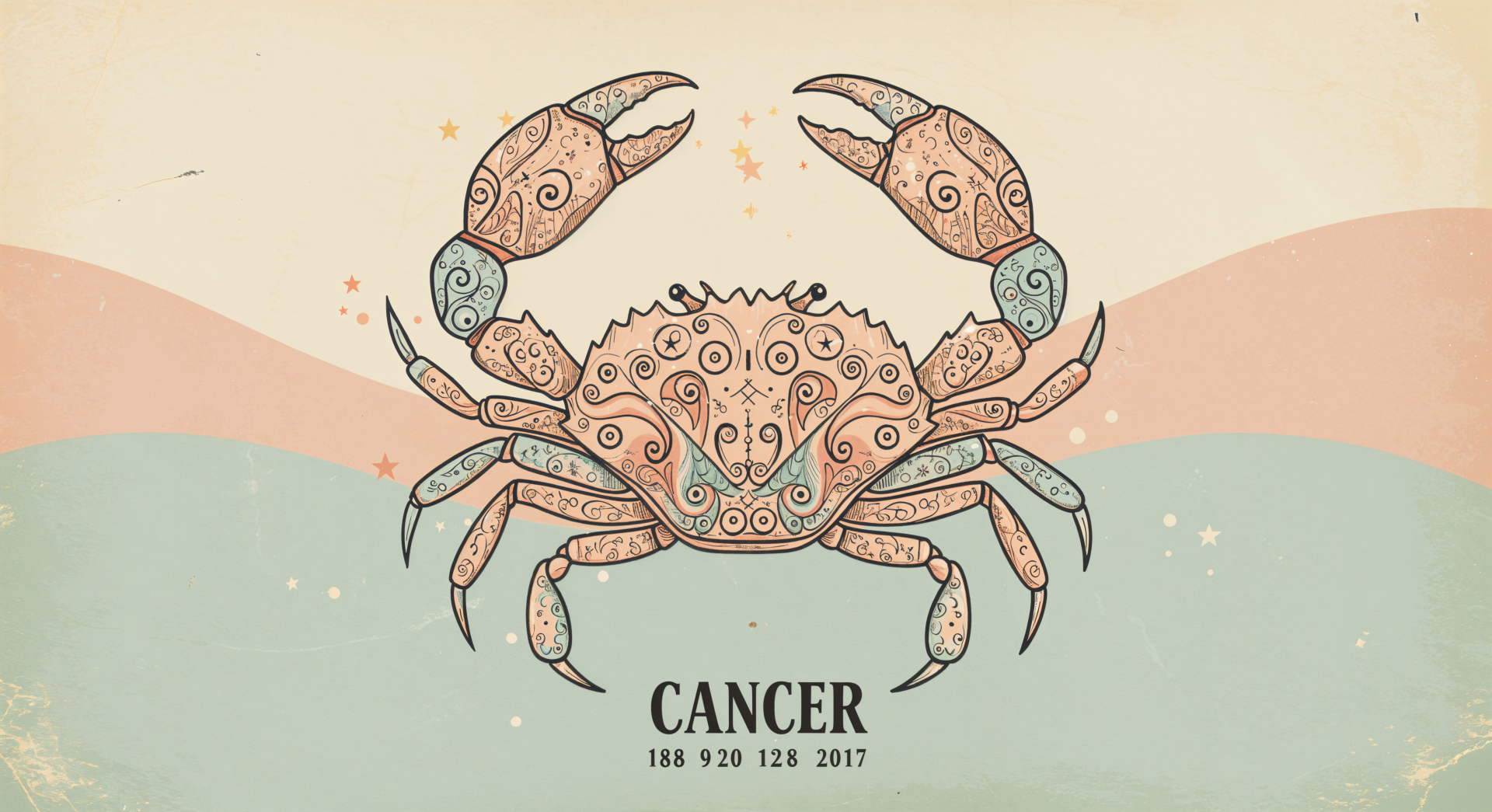 4K Ultra HD PC desktop wallpaper featuring an intricately designed Cancer zodiac crab symbol with soft pastel background and astrological details.