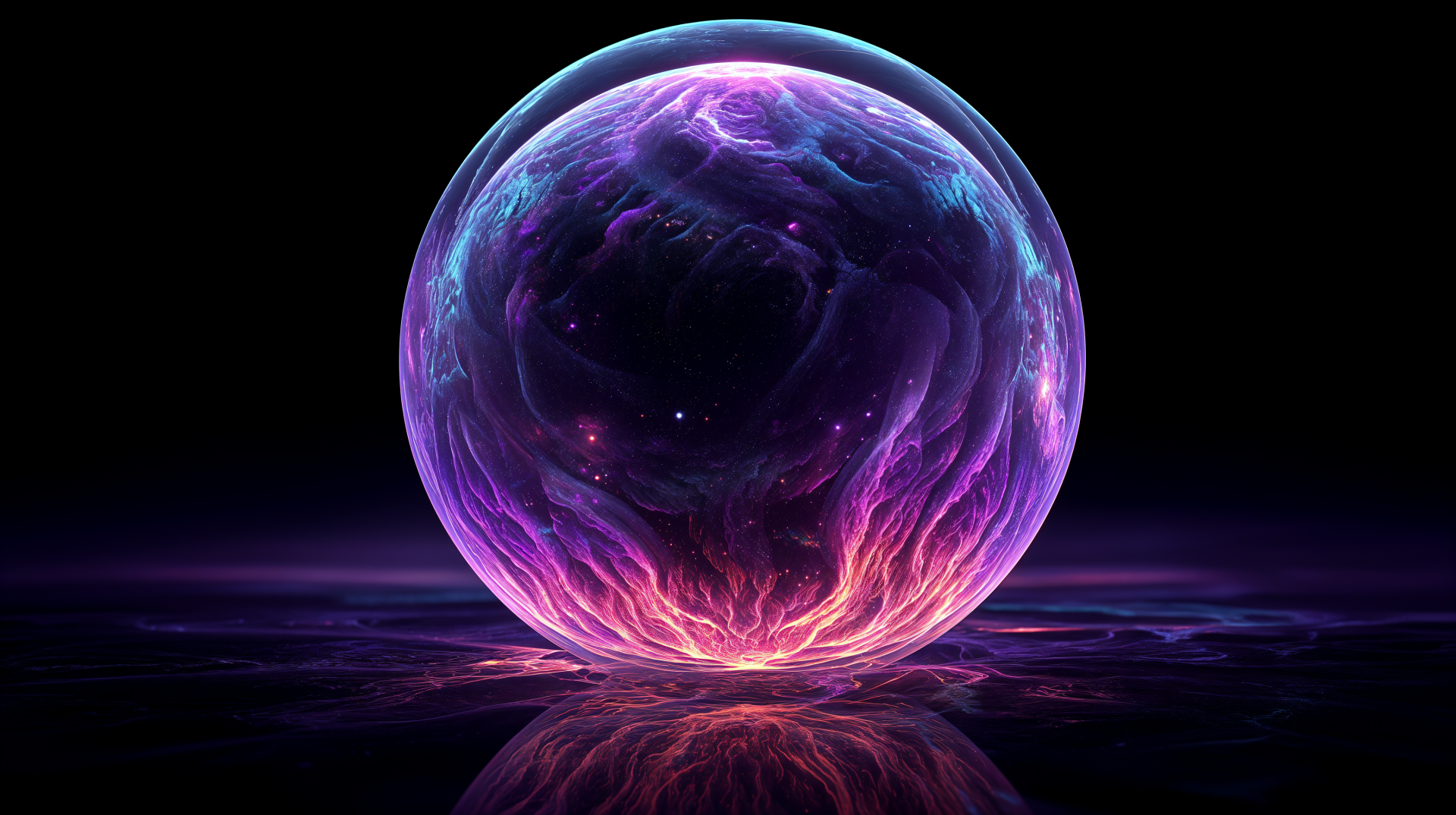 Artistic 4K Ultra HD PC desktop wallpaper featuring a glowing, translucent purple sphere with intricate swirling patterns and a reflective surface against a dark background.