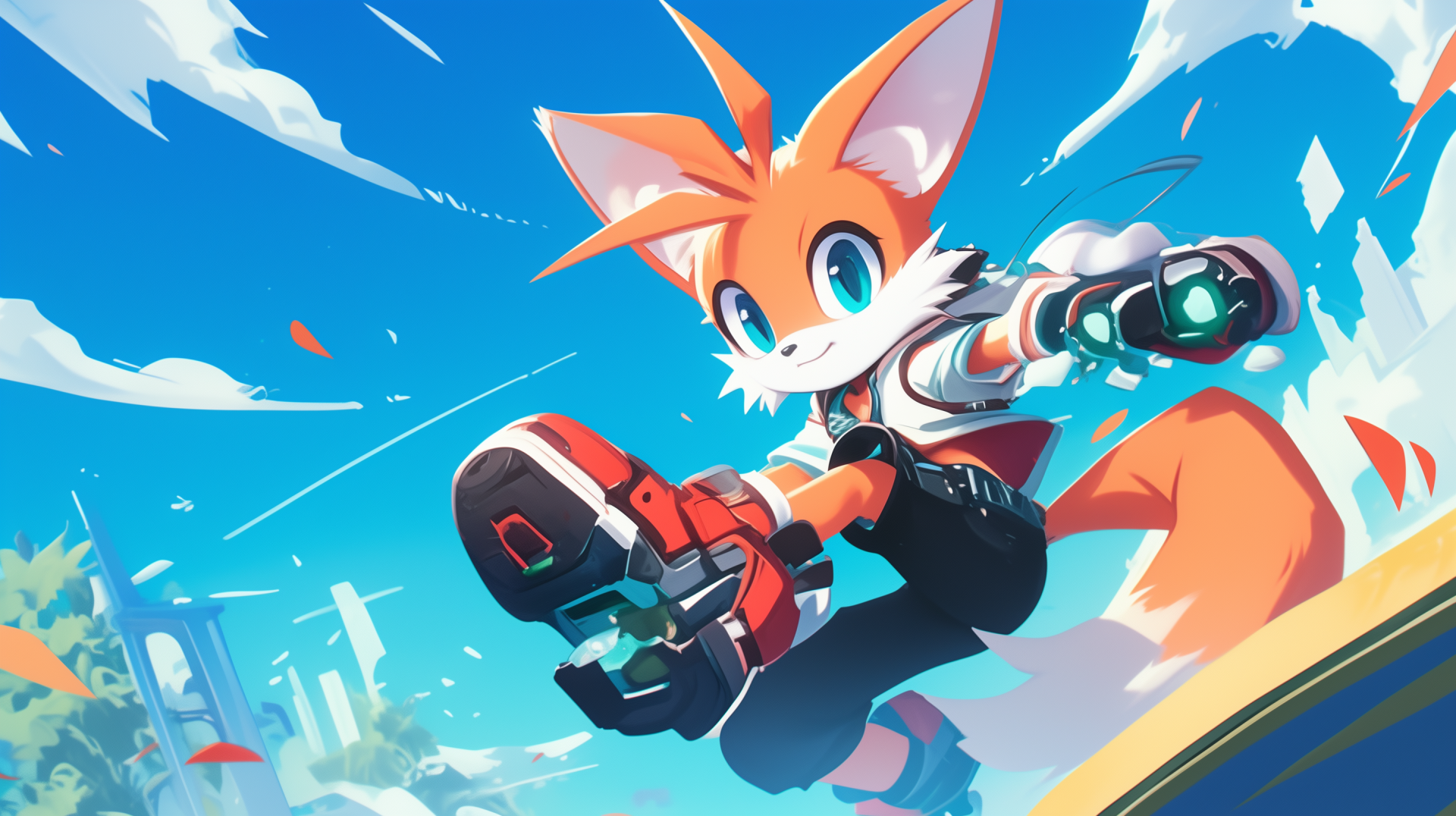 HD PC desktop wallpaper featuring cartoon character Miles 'Tails' Prower in a dynamic pose with a futuristic gaming theme against a bright blue sky backdrop.