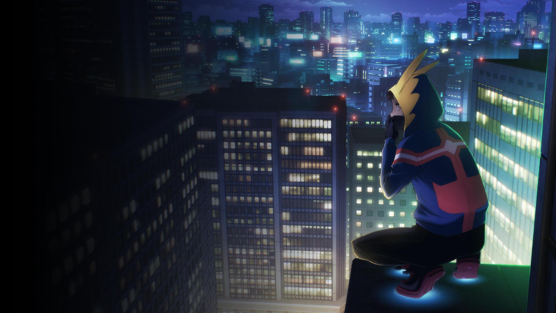 Anime-style 4K Ultra HD wallpaper featuring Koichi Haimawari from My Hero Academia: Vigilantes perched on a rooftop overlooking a brightly lit cityscape at night.