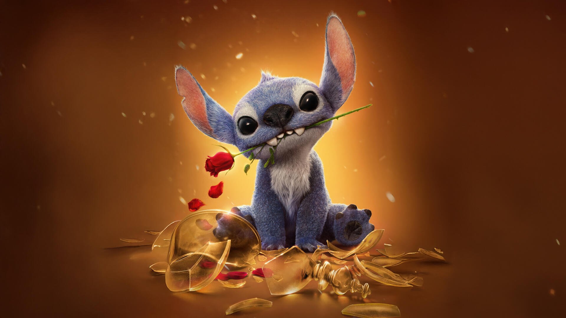 Cute Stitch from the movie Lilo & Stitch (2025) is featured as a 4K Ultra HD PC desktop wallpaper, holding a rose petal against a warm, glowing background.