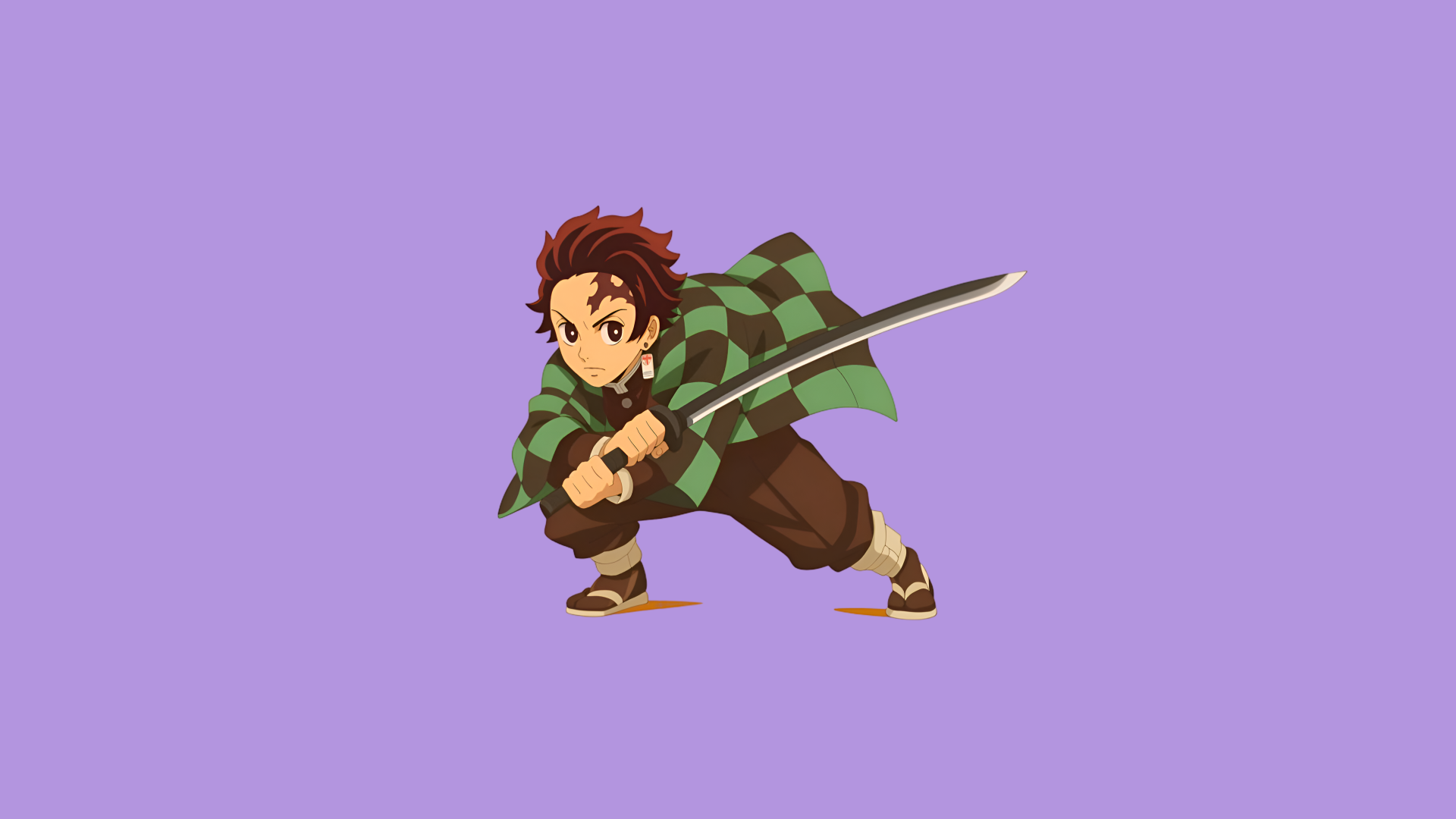 Minimalist anime 5K Ultra HD desktop wallpaper of Tanjiro Kamado (Demon Slayer: Kimetsu no Yaiba) in a dynamic sword pose on a solid lavender background.