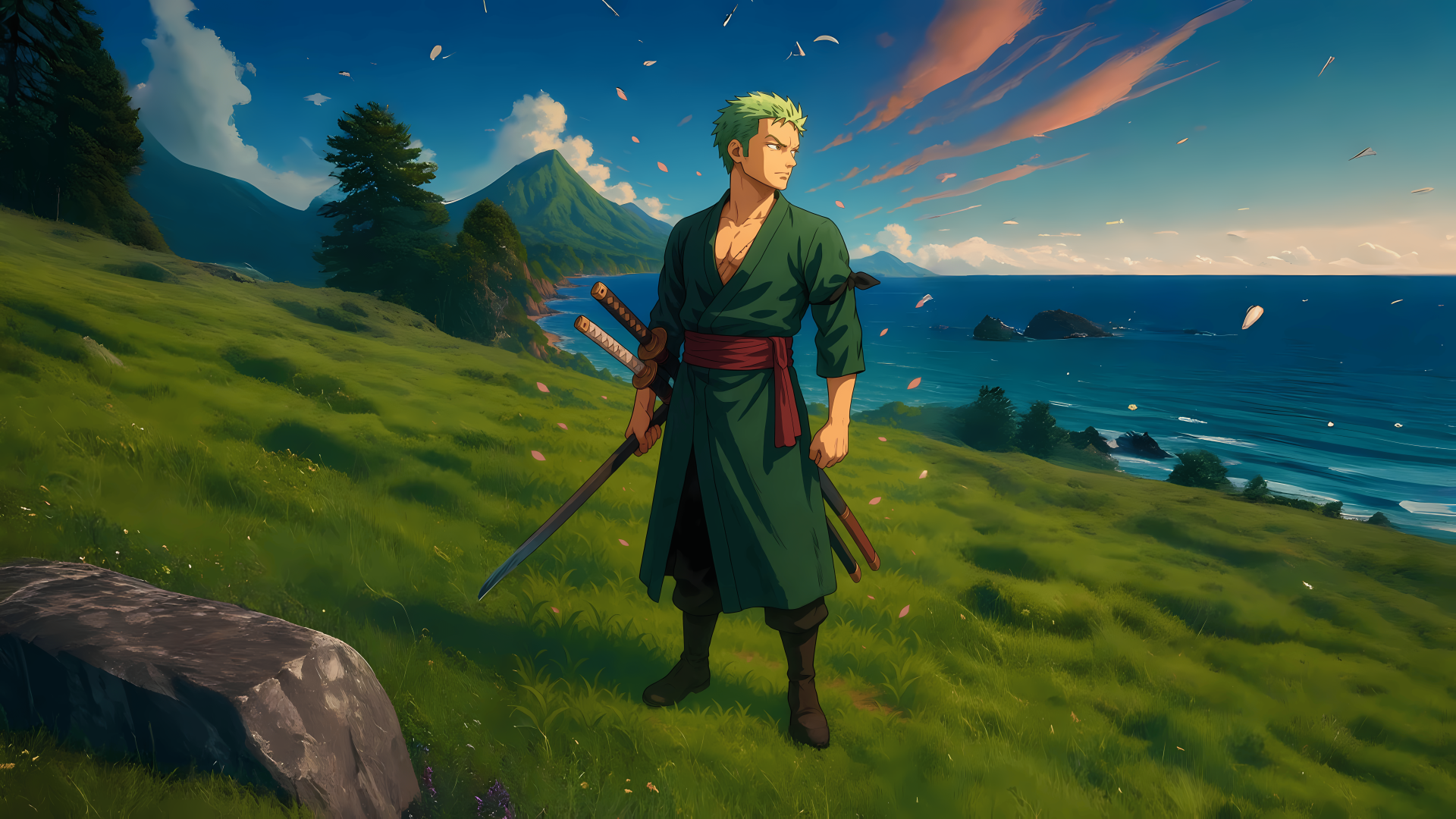 8K Ultra HD anime wallpaper featuring Roronoa Zoro from One Piece standing on a grassy cliff overlooking a colorful ocean sunset.