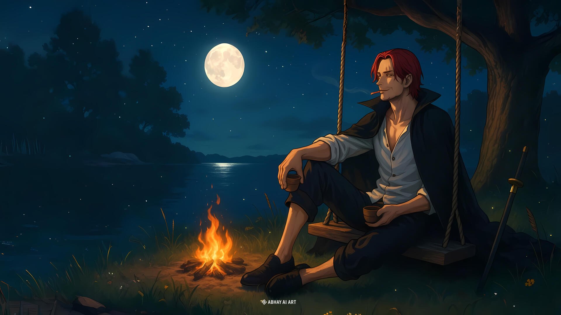 Shanks from One Piece sits on a swing by a lakeside campfire under a full moon — anime 8K Ultra HD PC desktop wallpaper/background.