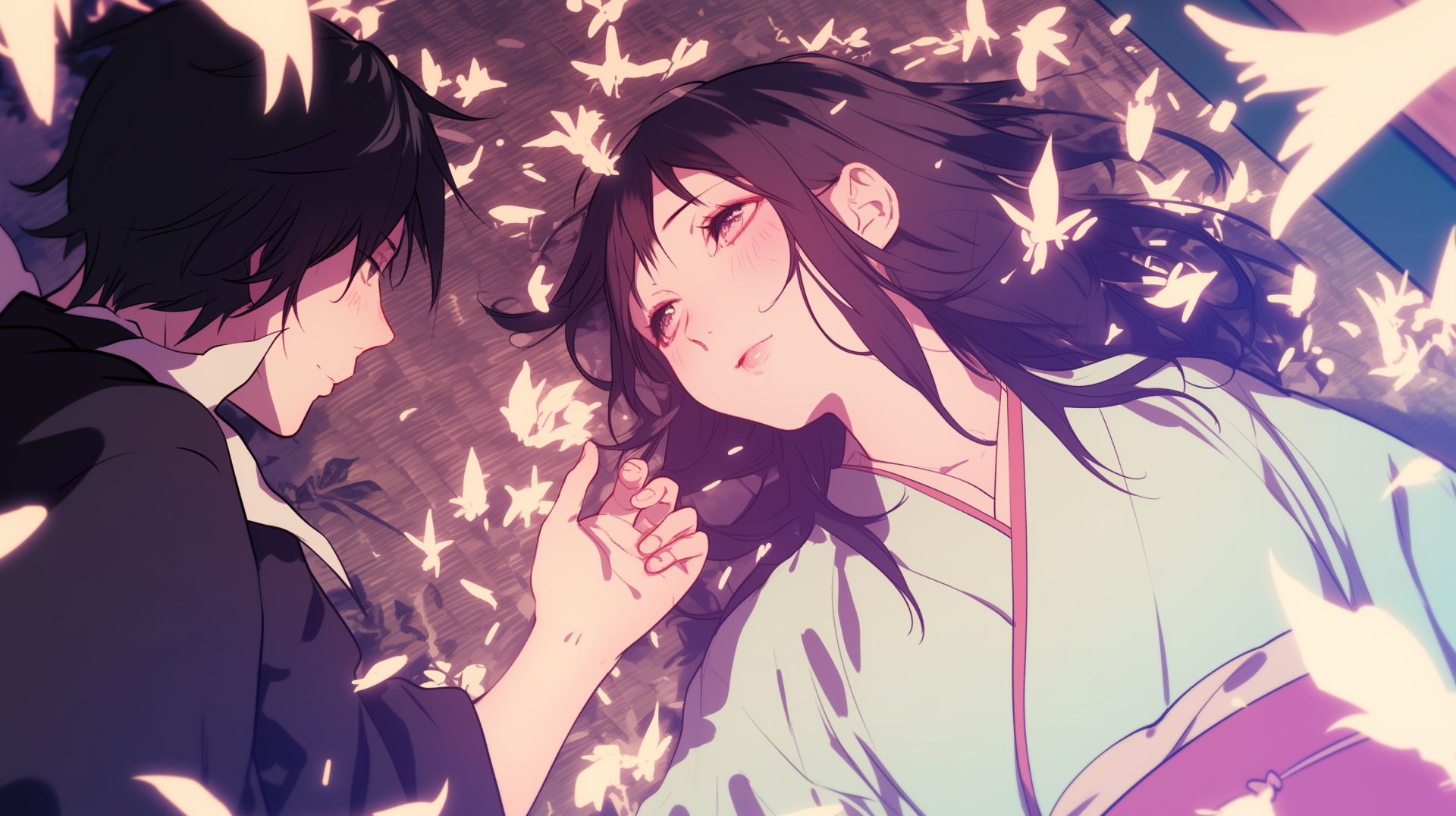 Anime HD wallpaper featuring Yato and Hiyori Iki from Noragami, surrounded by glowing butterflies in a serene and ethereal scene.