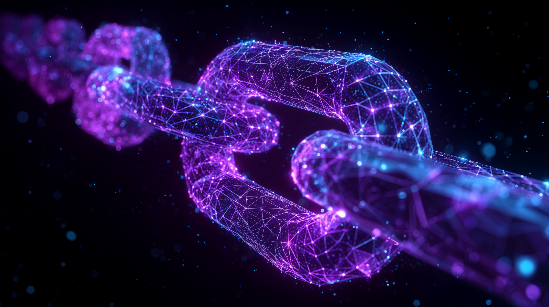 A vibrant 4K Ultra HD desktop wallpaper depicting a glowing blockchain chain link composed of interconnected digital nodes and lines against a dark background.