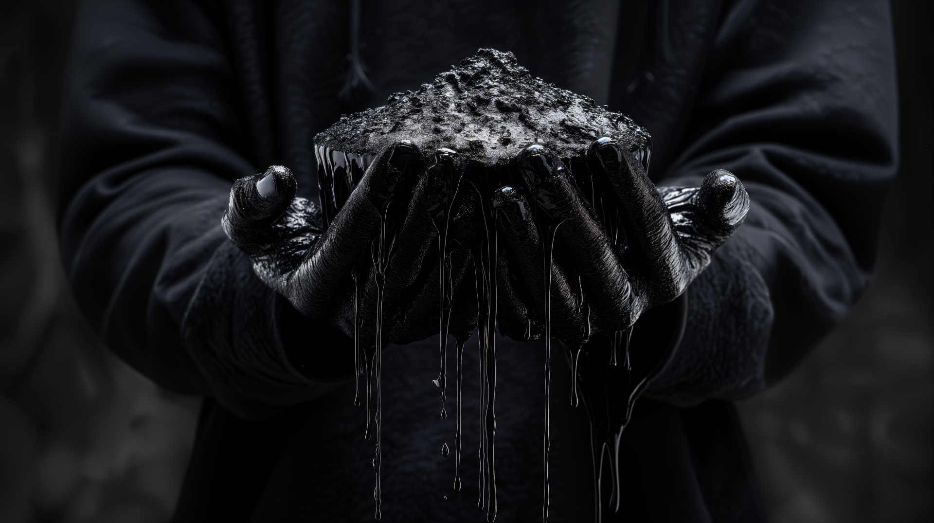 Dark-themed 4K Ultra HD PC wallpaper showing gloved hands holding a dripping, charred, blackened object against a shadowy background.