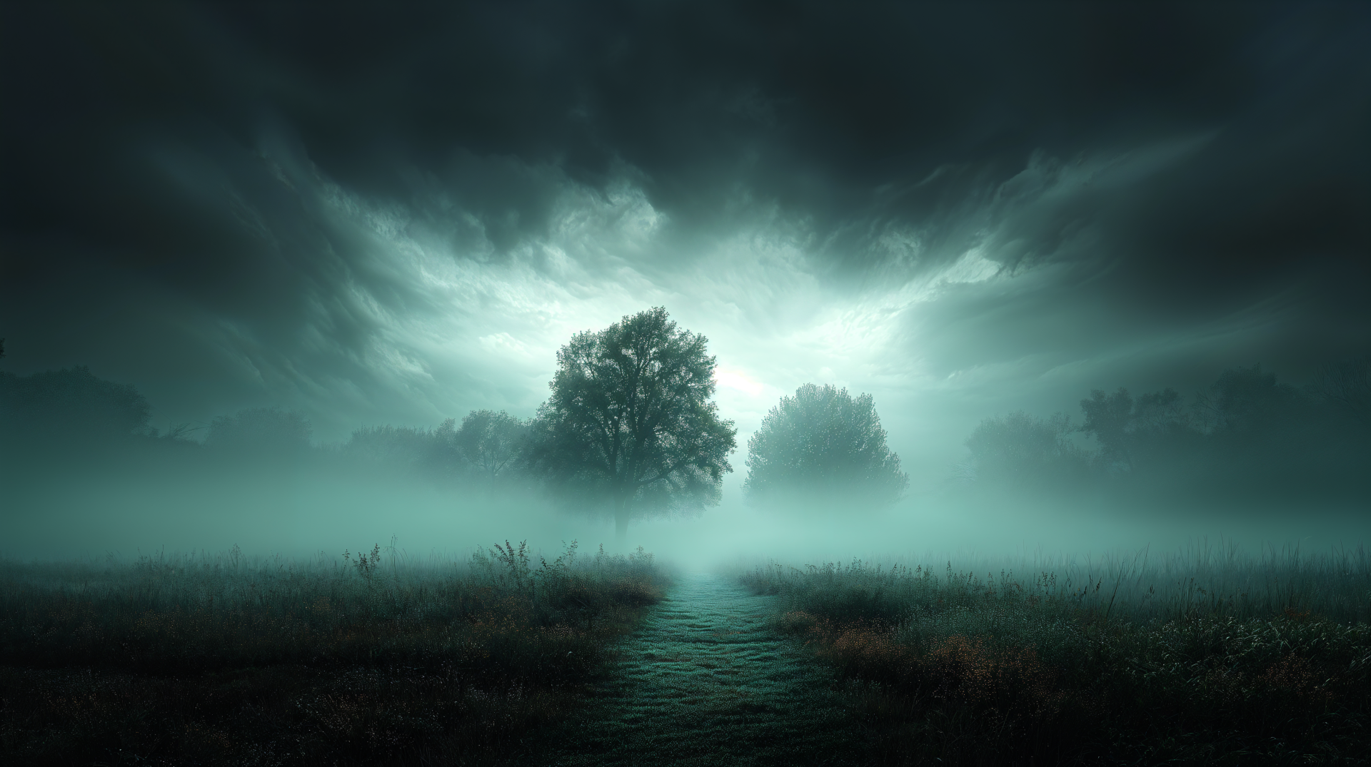 A misty path winding through a fog-covered landscape with silhouetted trees under a moody sky, captured in 4K Ultra HD for a PC desktop wallpaper.