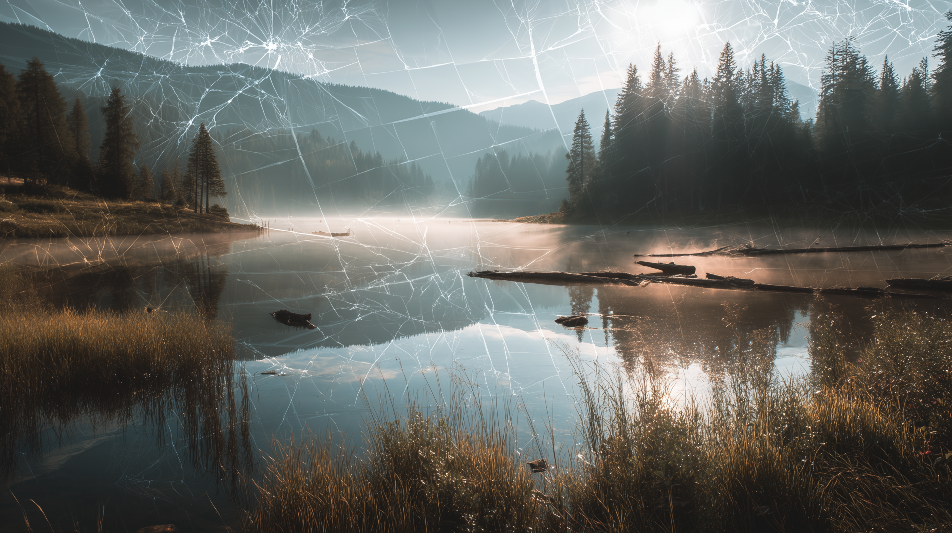 HD PC desktop wallpaper showing a serene forest landscape reflected in still water, overlaid with a cracked screen effect.