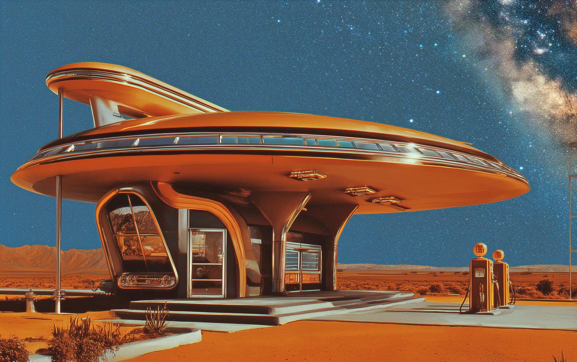 Futuristic vintage gas station in a desert under a starry sci-fi sky, rendered in HD for a striking PC desktop wallpaper and background.
