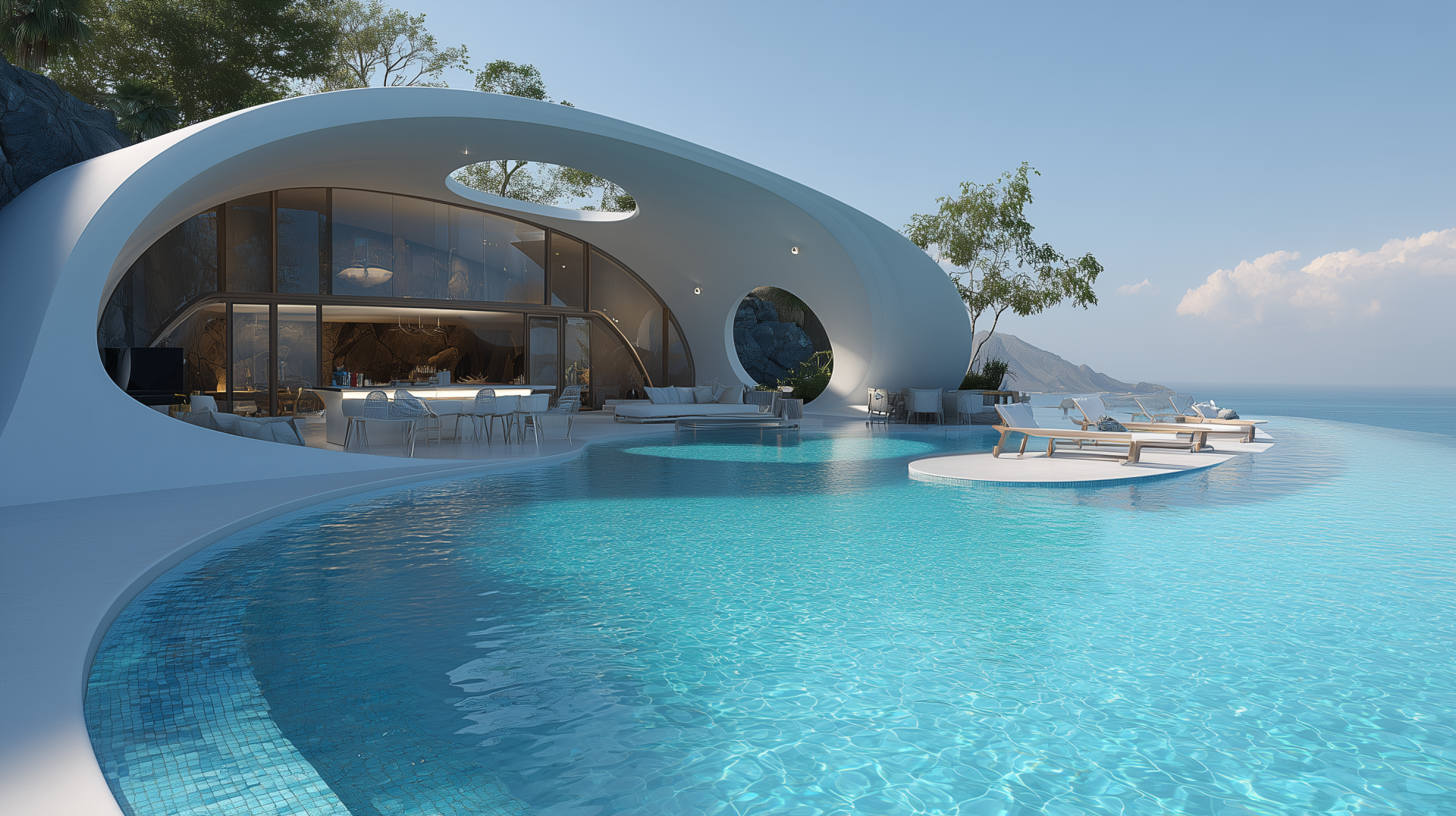 HD desktop wallpaper showcasing a luxury resort pool with modern architecture and a serene ocean view under a clear sky.