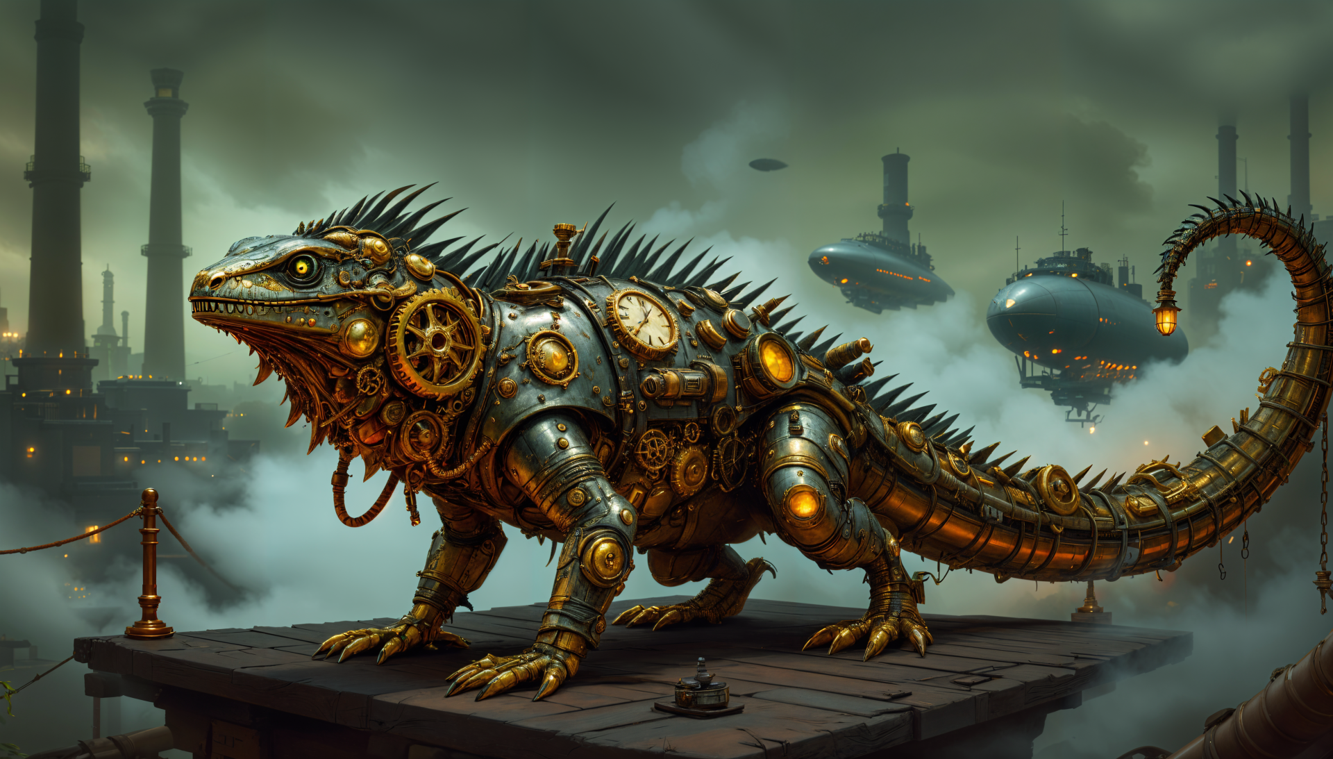 A detailed 4K Ultra HD PC desktop wallpaper featuring a mechanical steampunk lizard with gears and clockwork against a smoky industrial cityscape with floating airships.