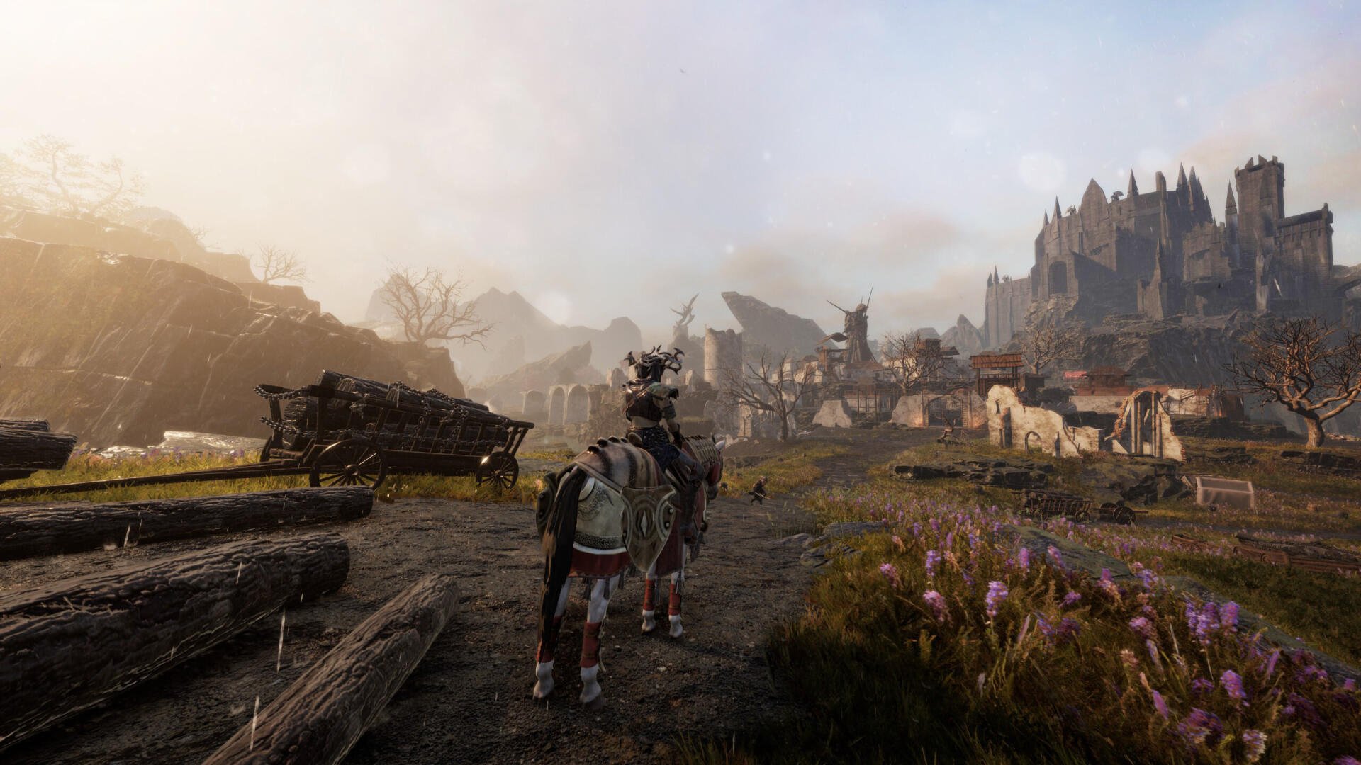 HD desktop wallpaper showcasing a medieval village from the video game Tainted Grail: The Fall of Avalon, featuring a rider on horseback amidst rustic buildings and a distant castle.