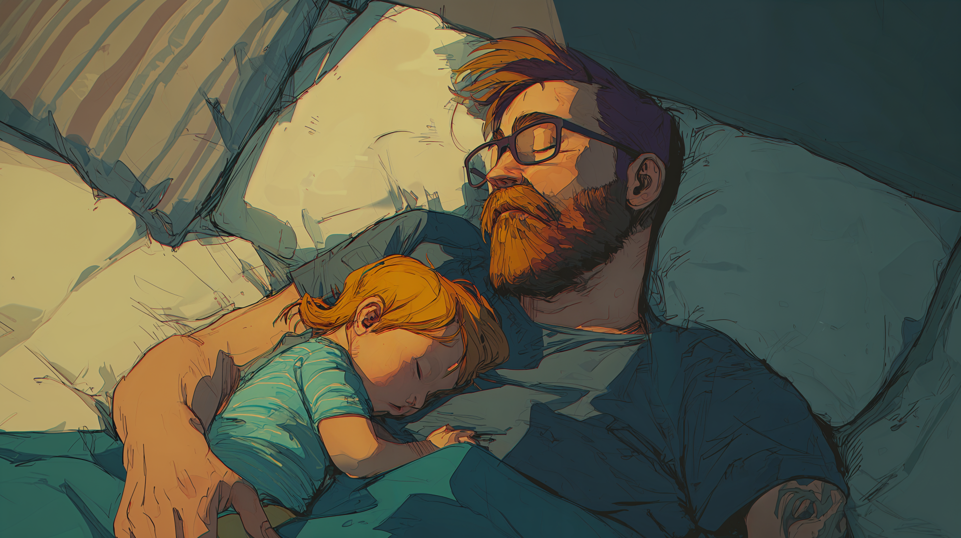 4K Ultra HD wallpaper depicting a tired dad sleeping peacefully while holding his child close, capturing a tender moment of rest and bonding.