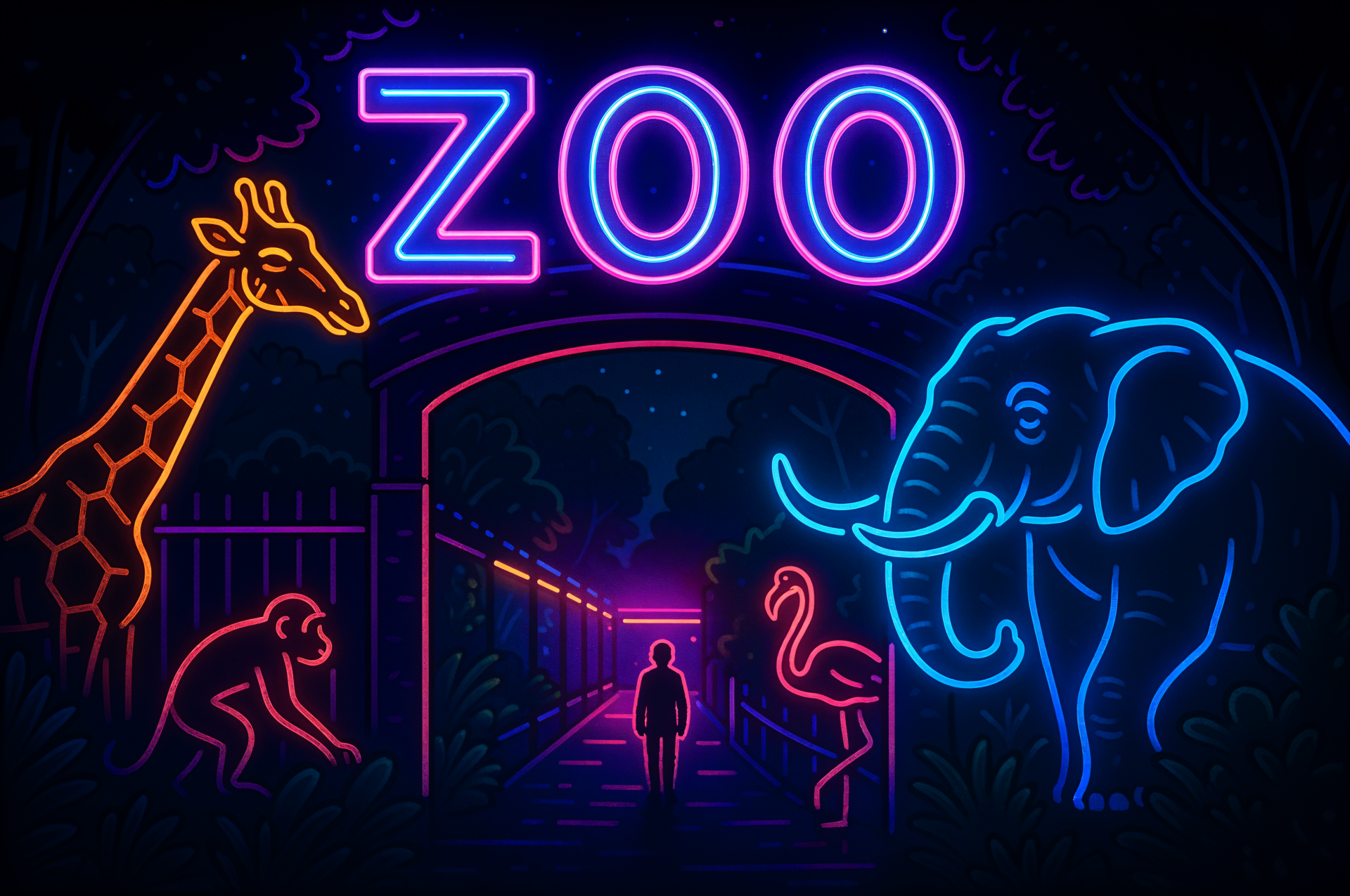 Neon-style 4K Ultra HD PC desktop wallpaper depicting a zoo entrance with glowing outlines of a giraffe, elephant, flamingo, and monkey against a dark background.
