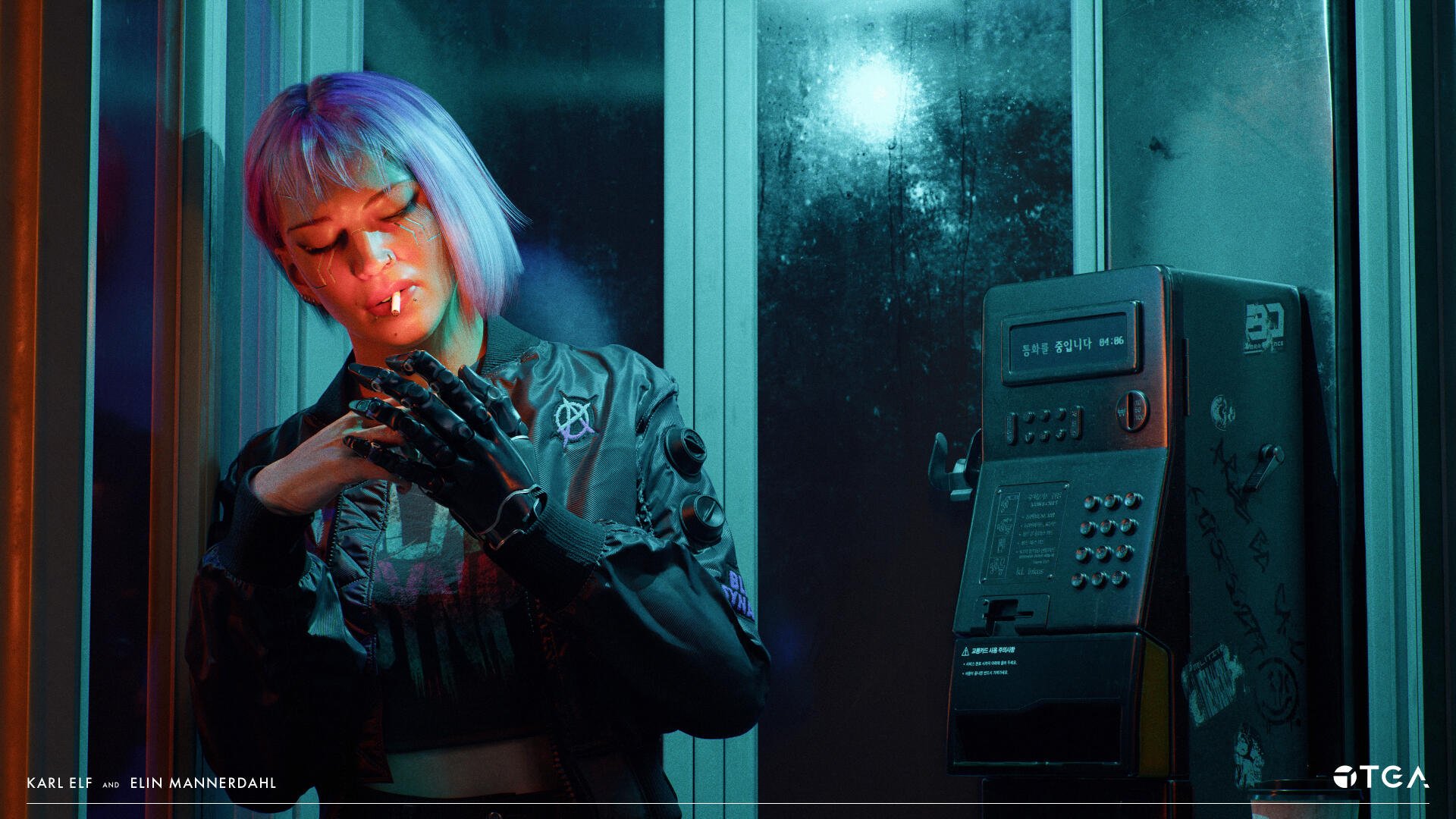 Cyberpunk girl with pink hair stands inside a phone box, illuminated by neon blue and red lights in this 4K Ultra HD PC desktop wallpaper.