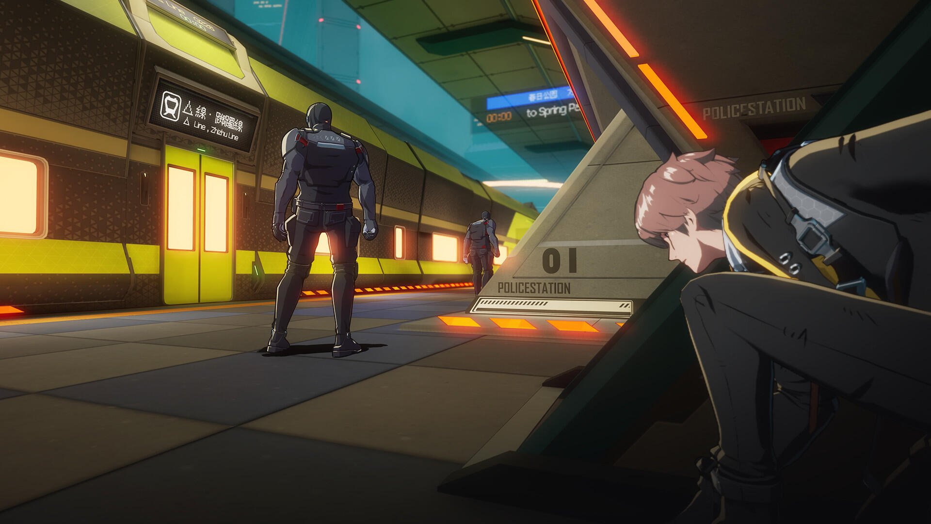 HD PC desktop wallpaper from the video game Etheria: Restart, depicting two characters in a futuristic, neon-lit subway station scene.