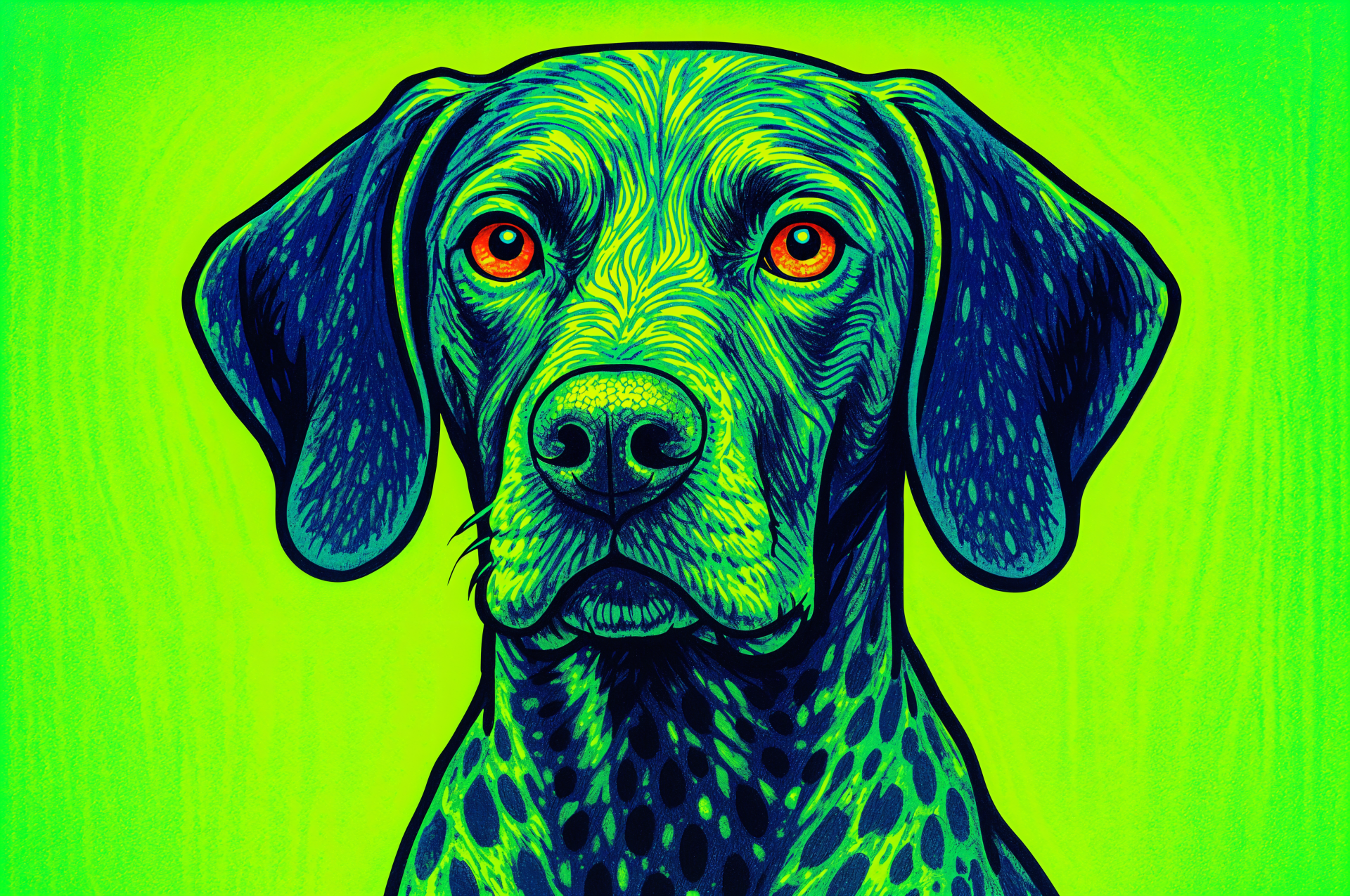 Vibrant digital artwork of a German Shorthaired Pointer with striking orange eyes on a bright green background, rendered in 4K Ultra HD for PC desktop wallpaper.