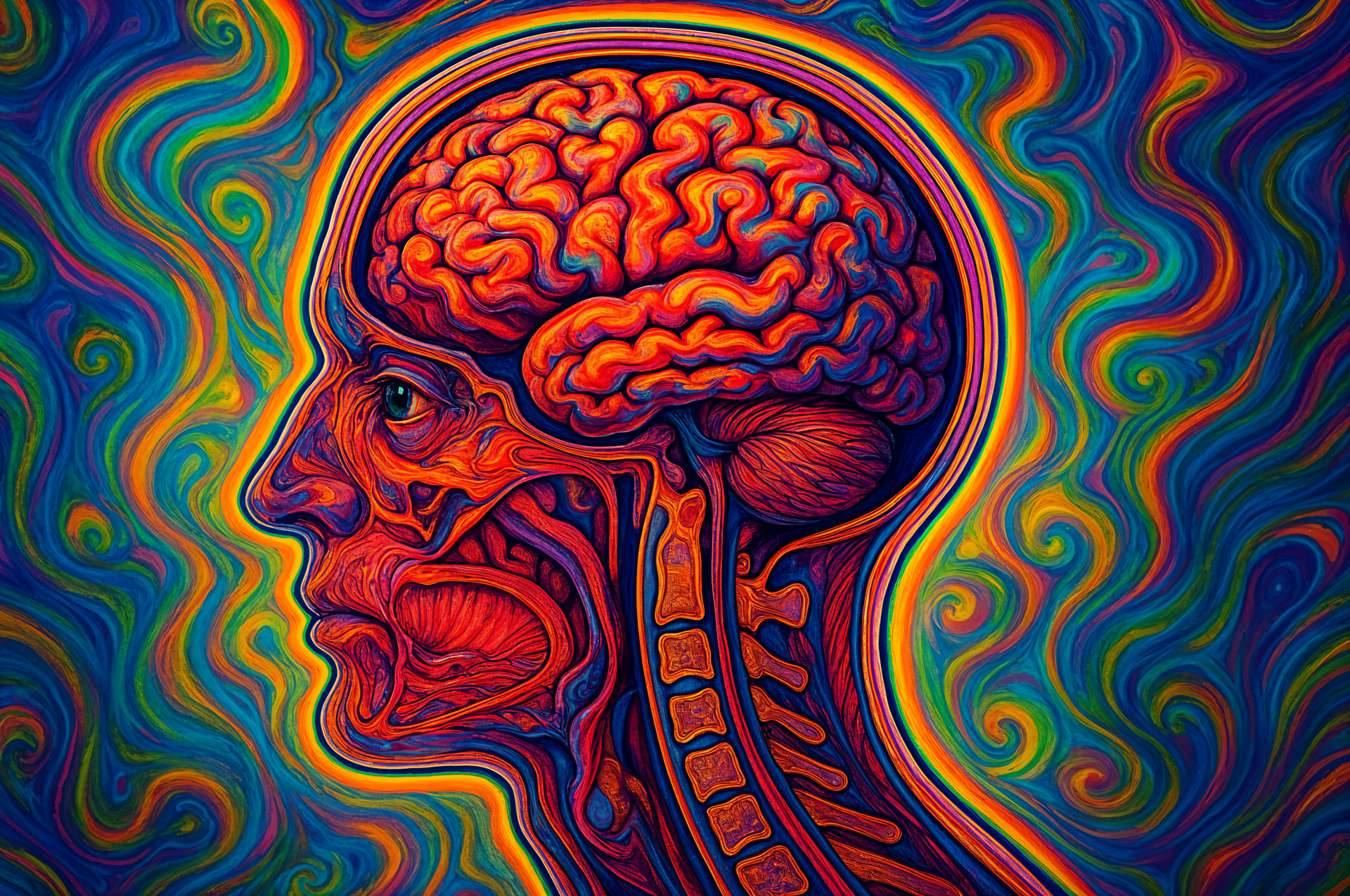 Vibrant cutaway view of a human head highlighting the brain and spinal cord, presented as a detailed 4K Ultra HD PC desktop wallpaper with swirling colorful background.