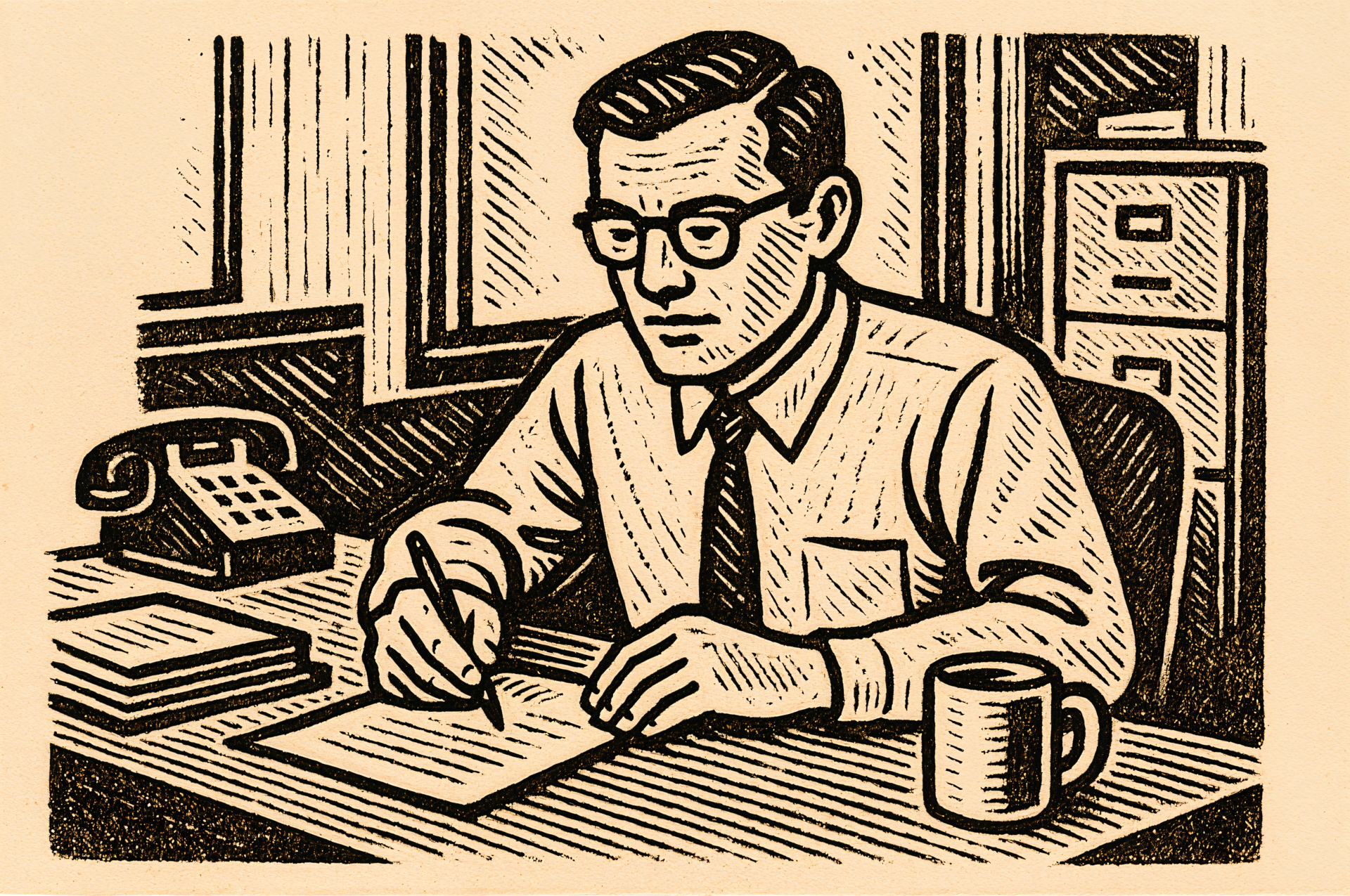 Illustration of an office worker writing at a desk, featuring vintage style details, presented as a 4K Ultra HD PC desktop wallpaper and background.