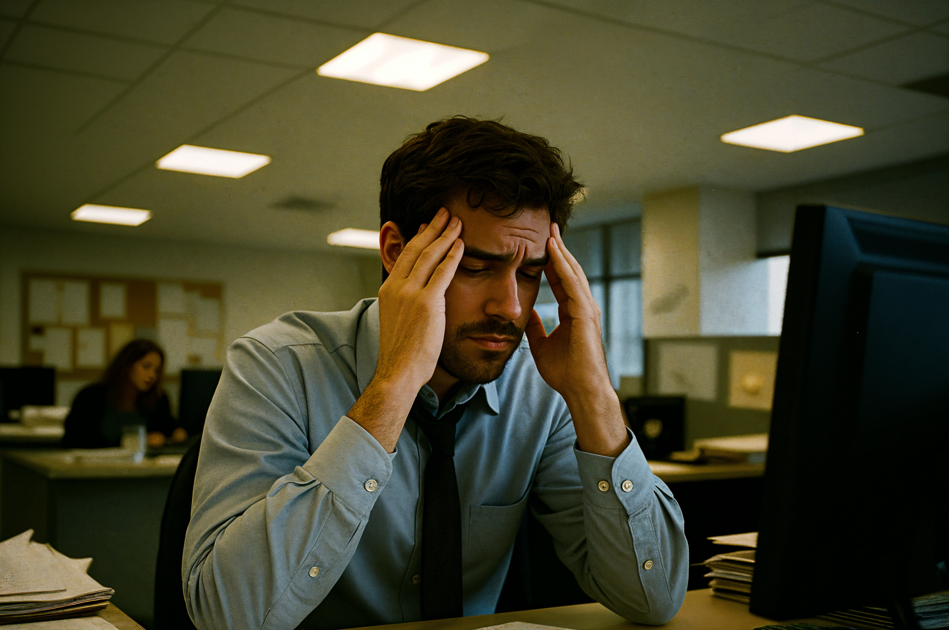 A stressed man in a dimly lit office holds his head in frustration, illustrating workplace stress in a 4K Ultra HD PC desktop wallpaper and background.