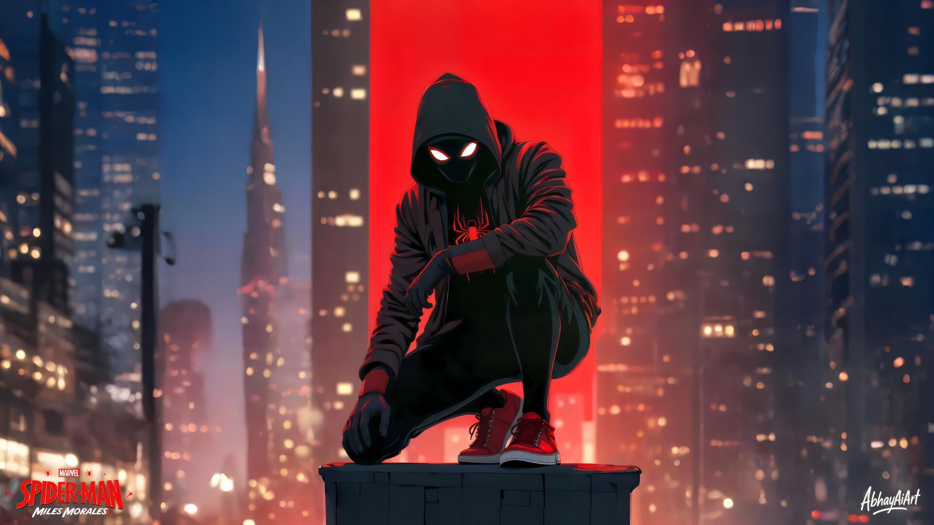 8K Ultra HD PC wallpaper: Marvel Studios' Miles Morales, the Spider-Man superhero, crouches on a rooftop with a red glow and neon city skyline behind him.