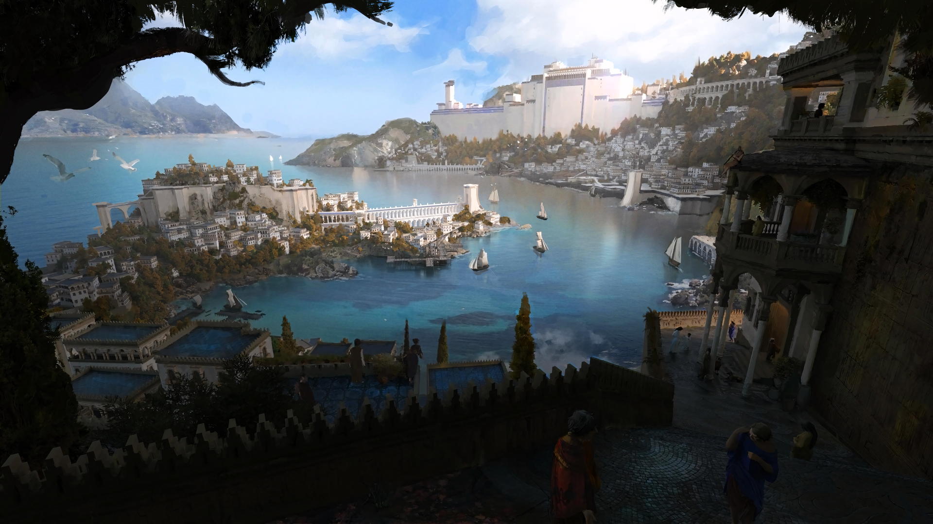 4K Ultra HD desktop wallpaper painting of a serene medieval cityscape with historic architecture and a vibrant harbor set against a calm waterfront landscape.