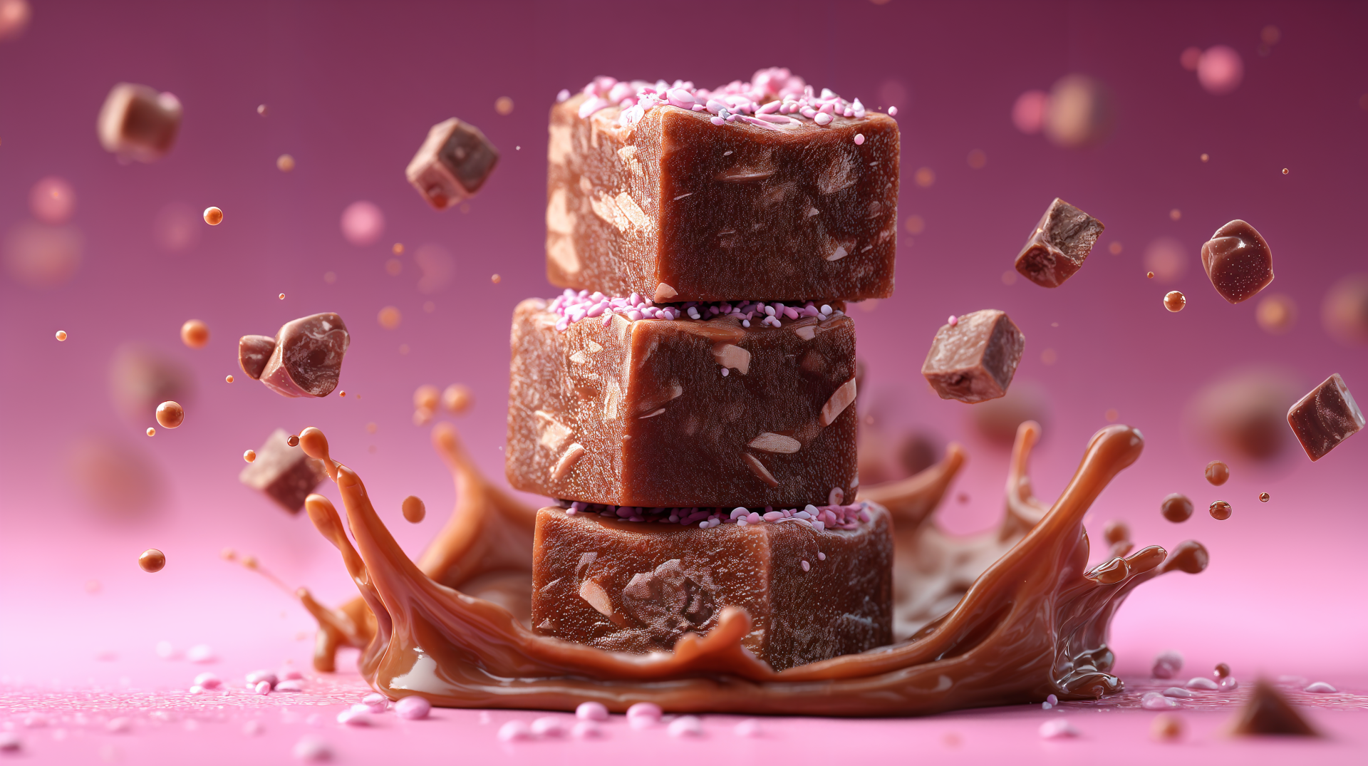 Close-up 4K Ultra HD wallpaper of three stacked chocolate fudge pieces with coconut flakes, surrounded by splashing chocolate on a pink background.