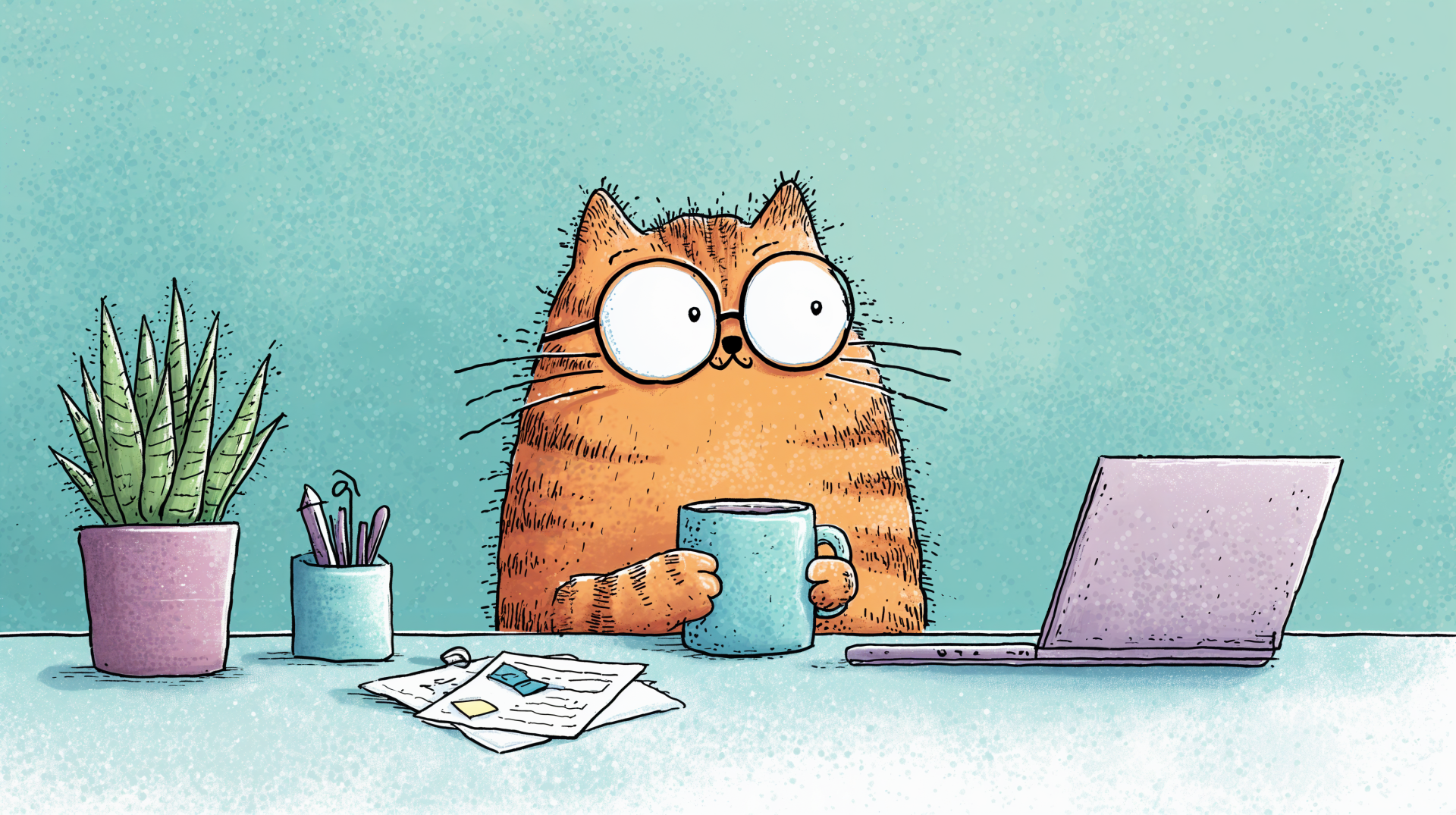 4K Ultra HD PC desktop wallpaper of a wide-eyed orange cat holding a mug, sitting at a desk with a laptop, papers, and potted plants on a light blue background.