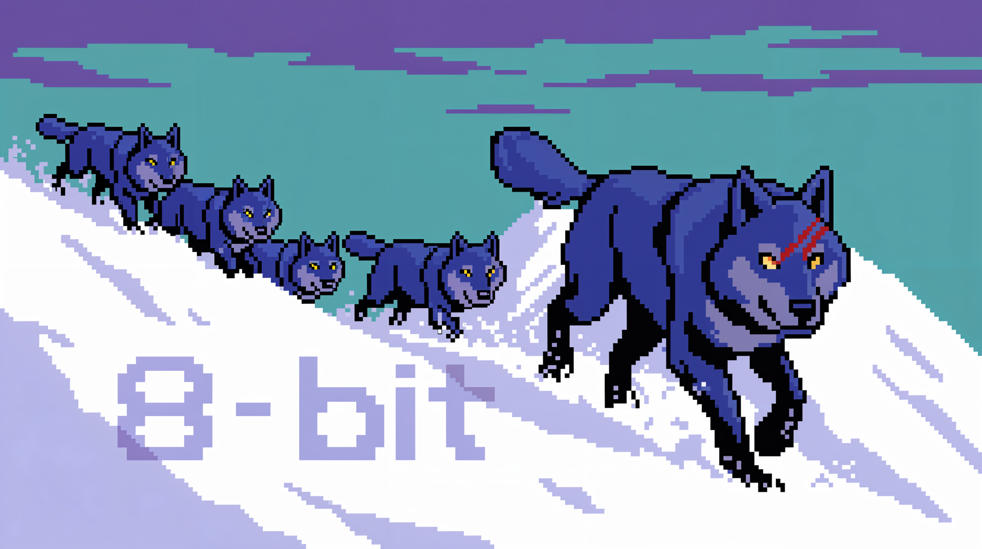 8-bit style Wolf Pack in a snowy landscape, presented as a 4K Ultra HD PC desktop wallpaper and background with pixel art wolves under a vibrant sky.
