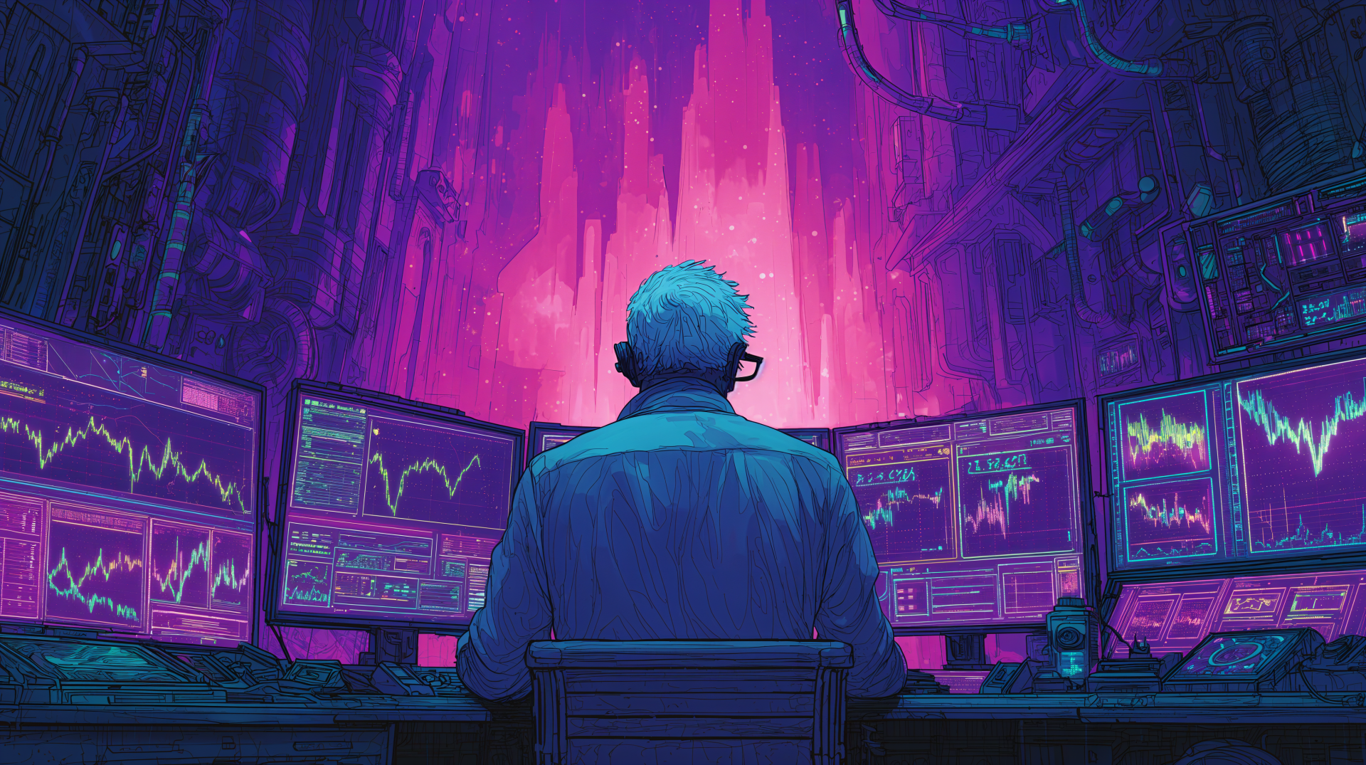 A man stock trader monitors multiple trading charts on screens in a vibrant, neon-lit room, depicted in 4K Ultra HD as a PC desktop wallpaper and background.