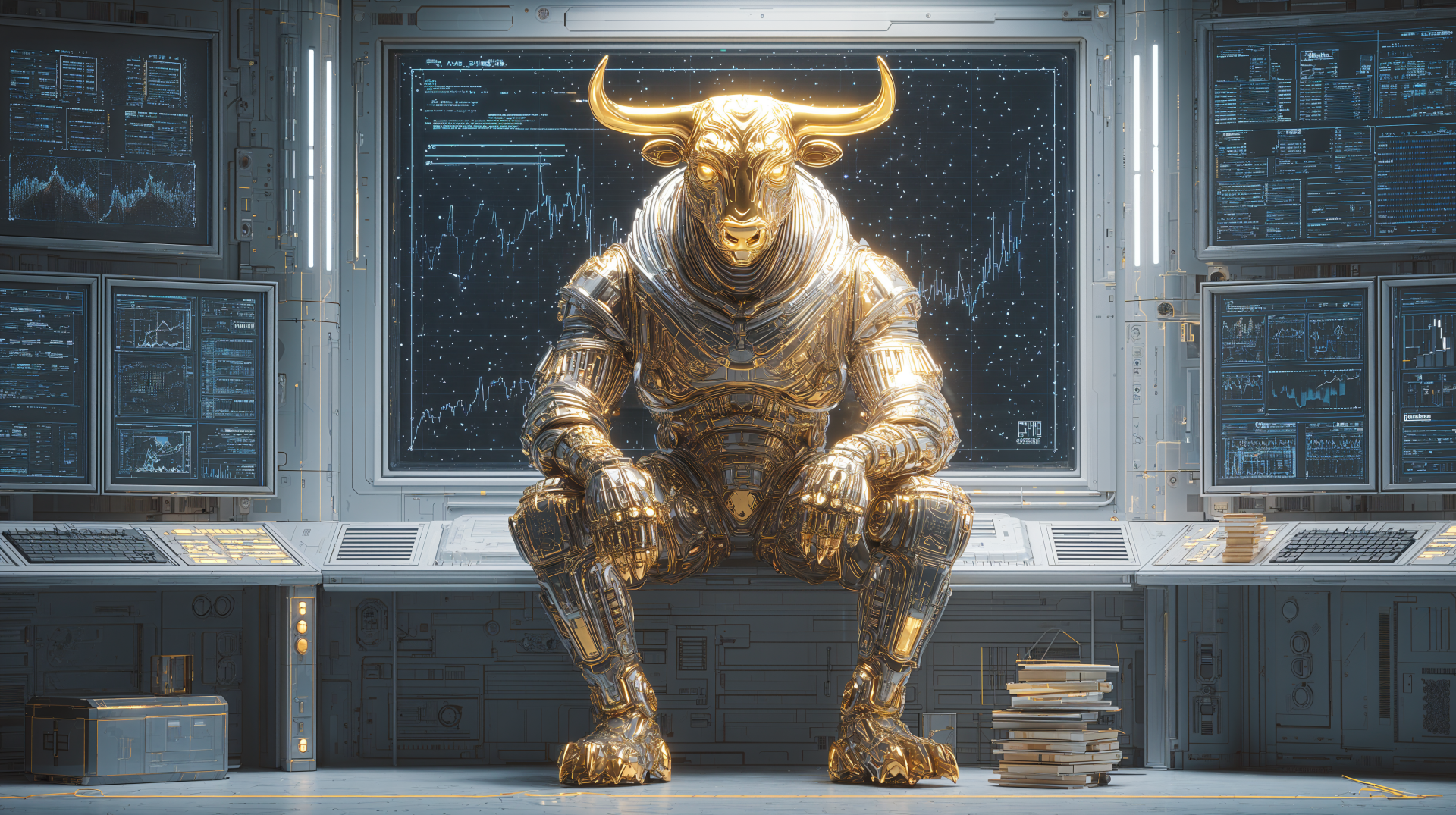 A futuristic 4K Ultra HD desktop wallpaper depicting a metallic bull symbolizing a stock trader, surrounded by digital financial charts in a high-tech control room.