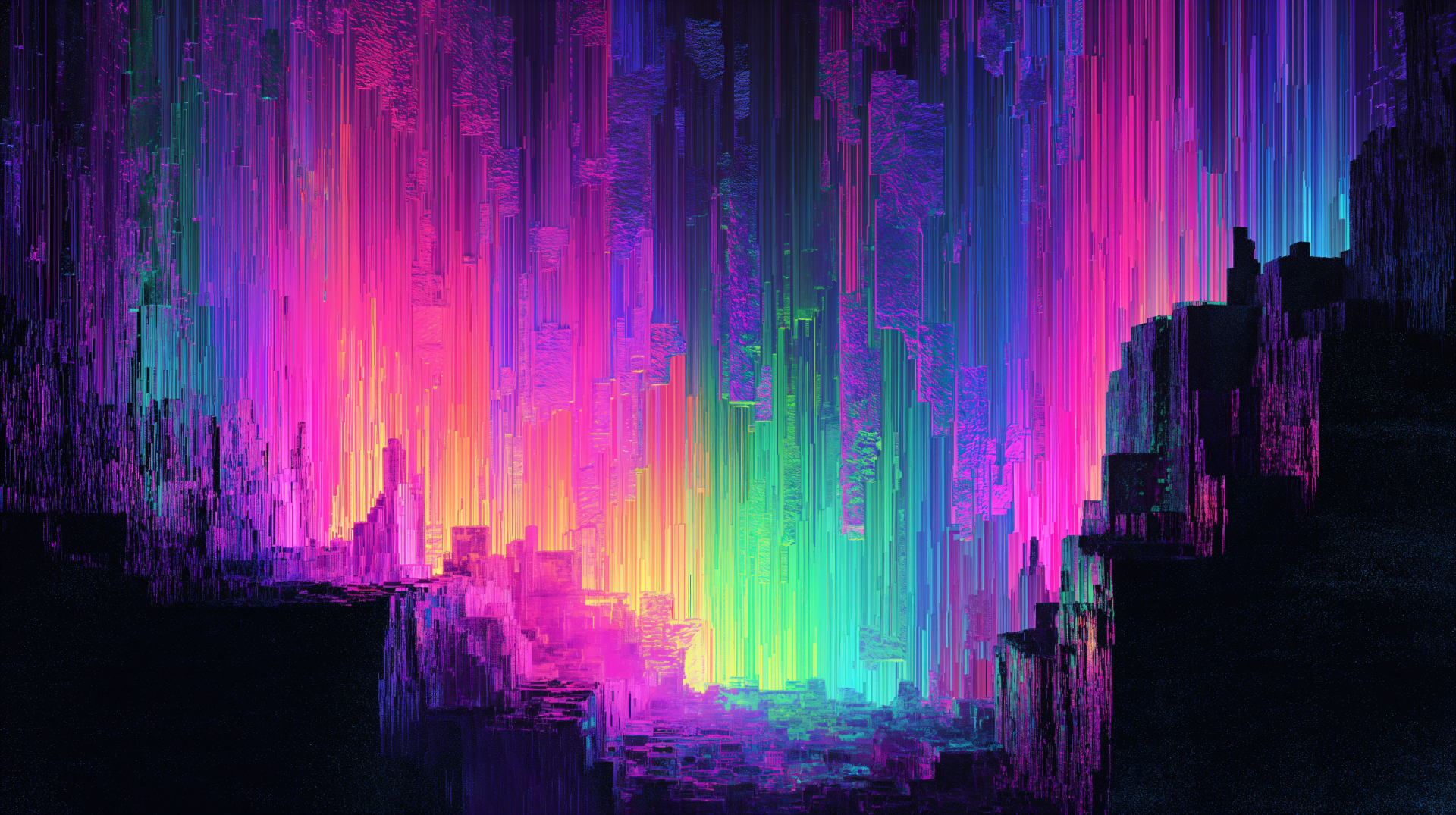 4K Ultra HD artistic glitch wallpaper featuring vibrant vertical streaks of neon pink, purple, blue, and green, creating an abstract digital landscape background.