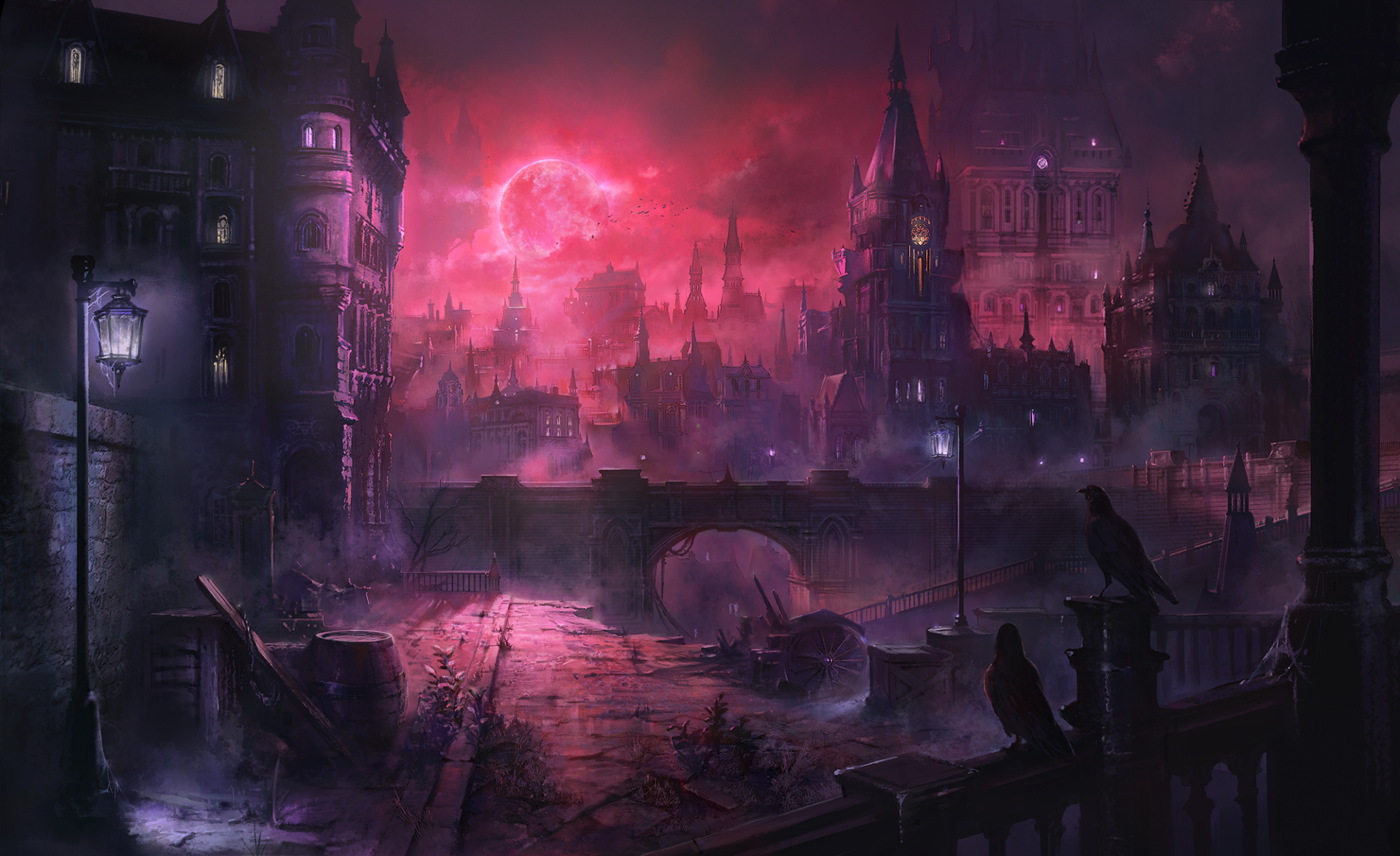 Dark fantasy cityscape under a blood-red moon from the video game Shadowverse: Worlds Beyond, shown as an HD PC desktop wallpaper and background.